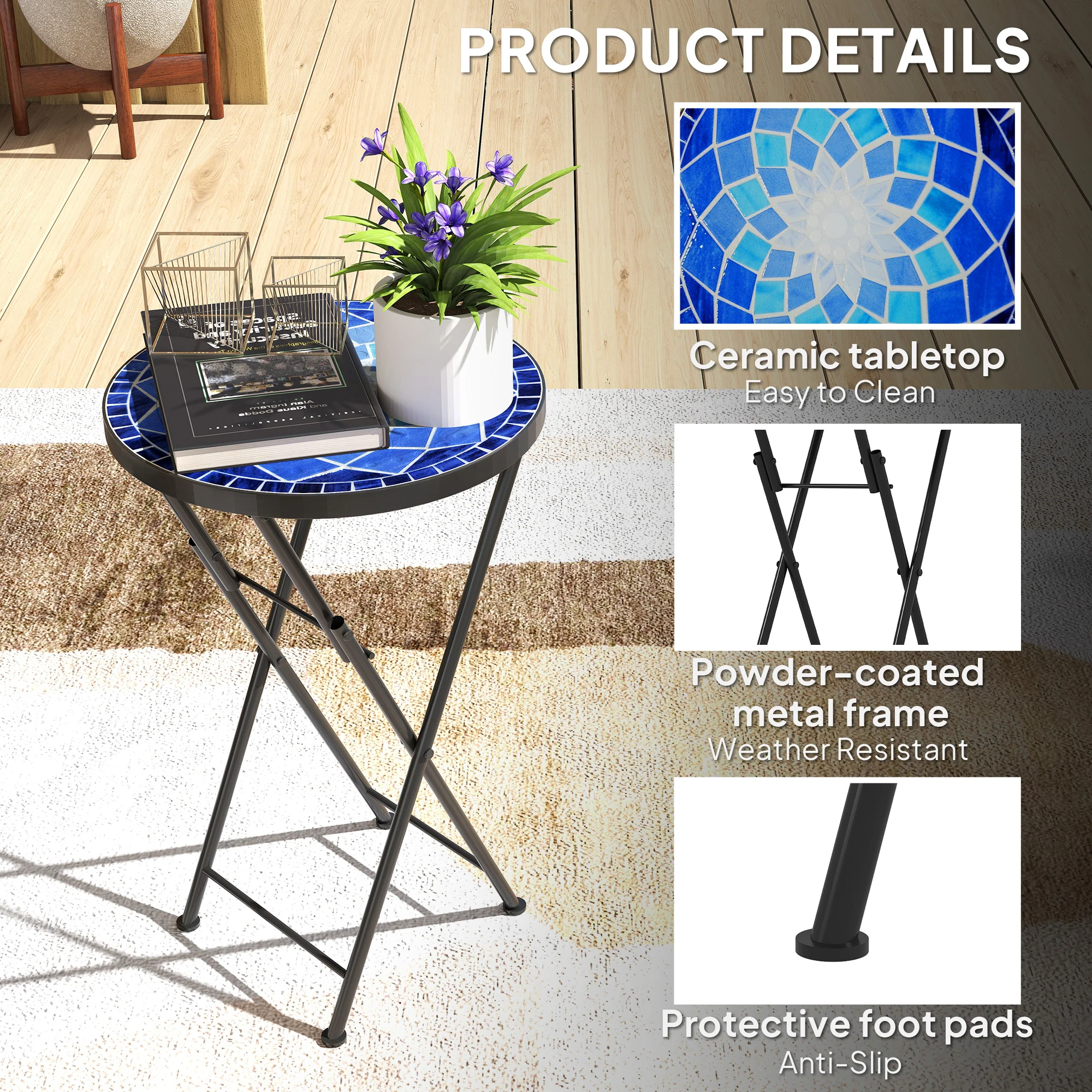 Outsunny Mosaic Garden Table, 35.5cm Folding Coffee Table, Navy Blue - Image 6