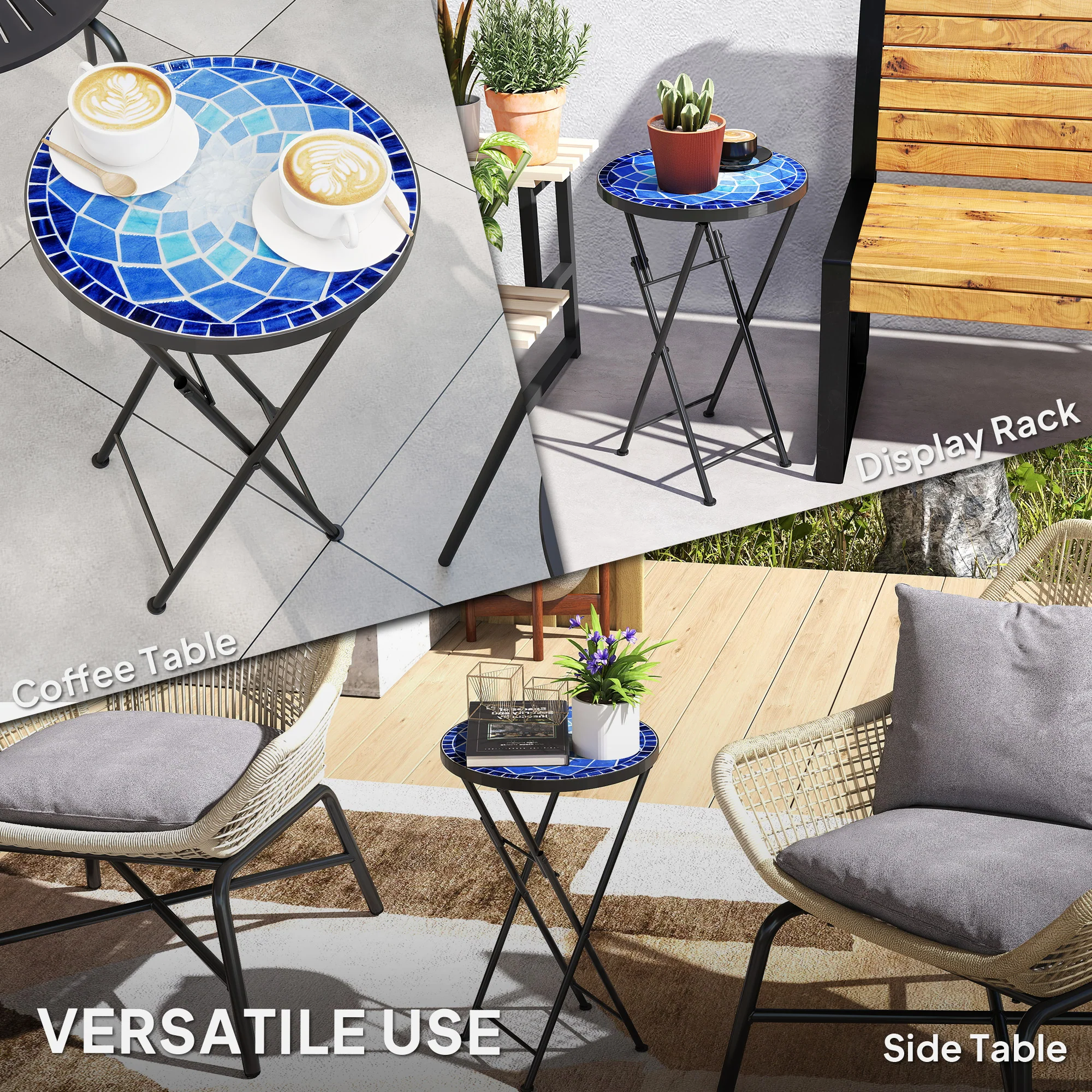 Outsunny Mosaic Garden Table, 35.5cm Folding Coffee Table, Navy Blue - Image 7
