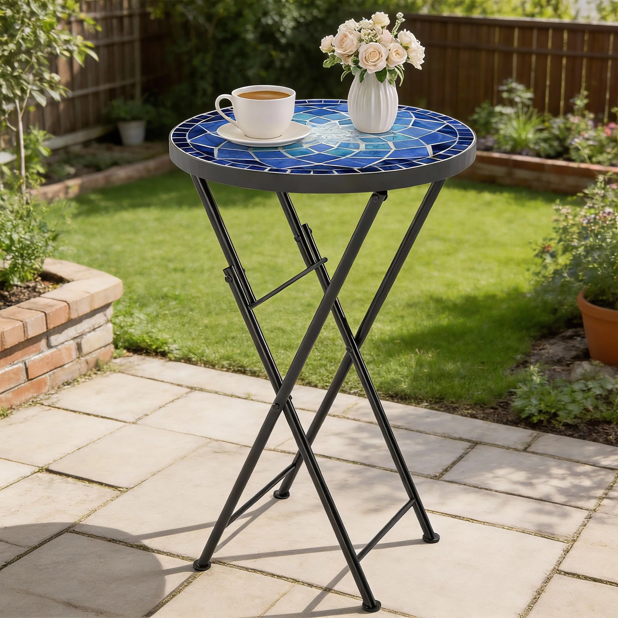 Outsunny Mosaic Garden Table, 35.5cm Folding Coffee Table, Navy Blue - Image 8