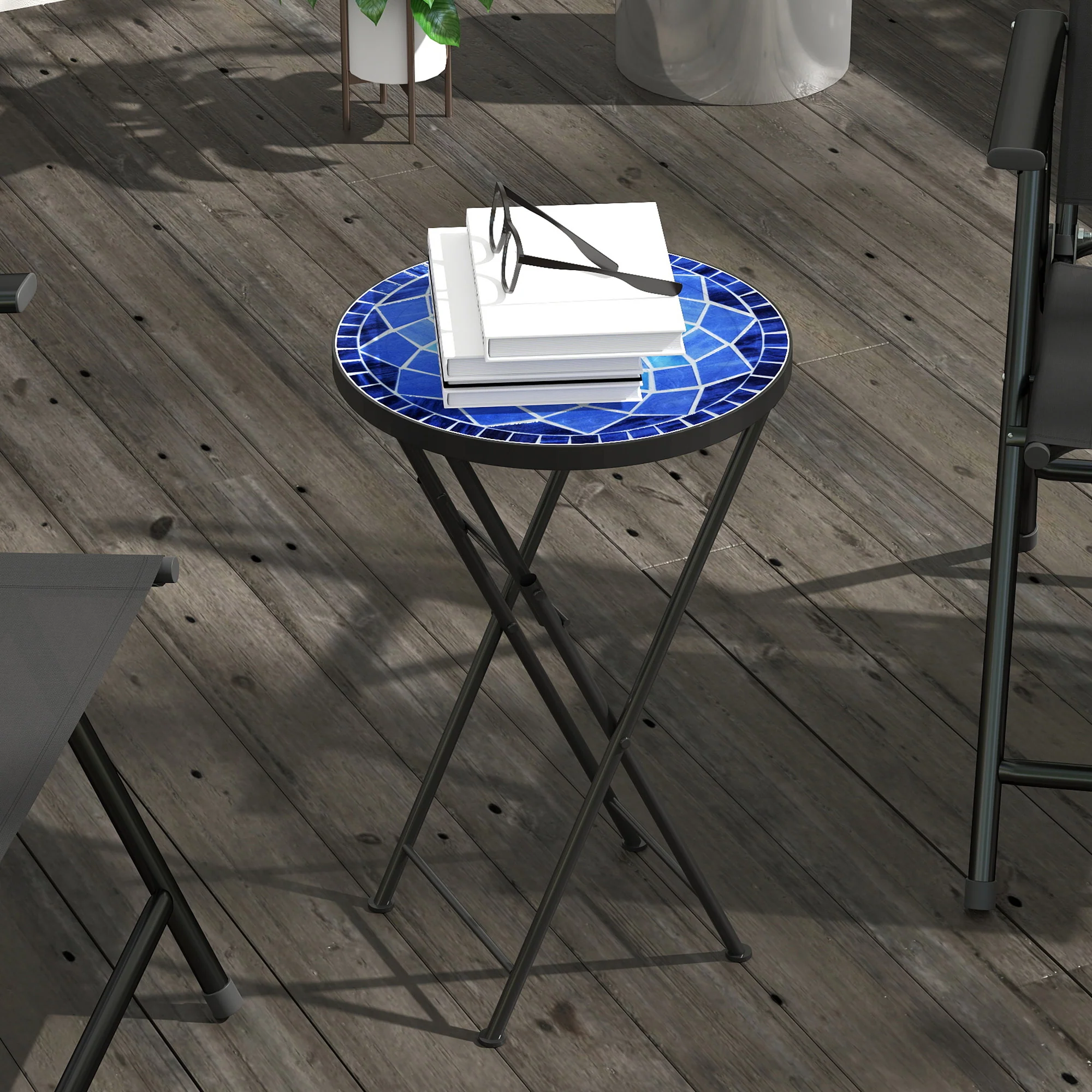 Outsunny Mosaic Garden Table, 35.5cm Folding Coffee Table, Navy Blue - Image 9
