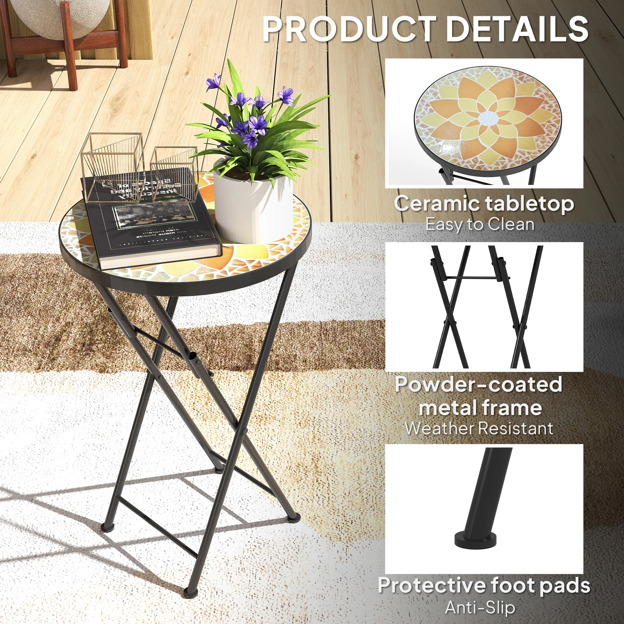 Outsunny Mosaic Garden Table, 35.5cm Folding Coffee Table, Yellow - Image 6