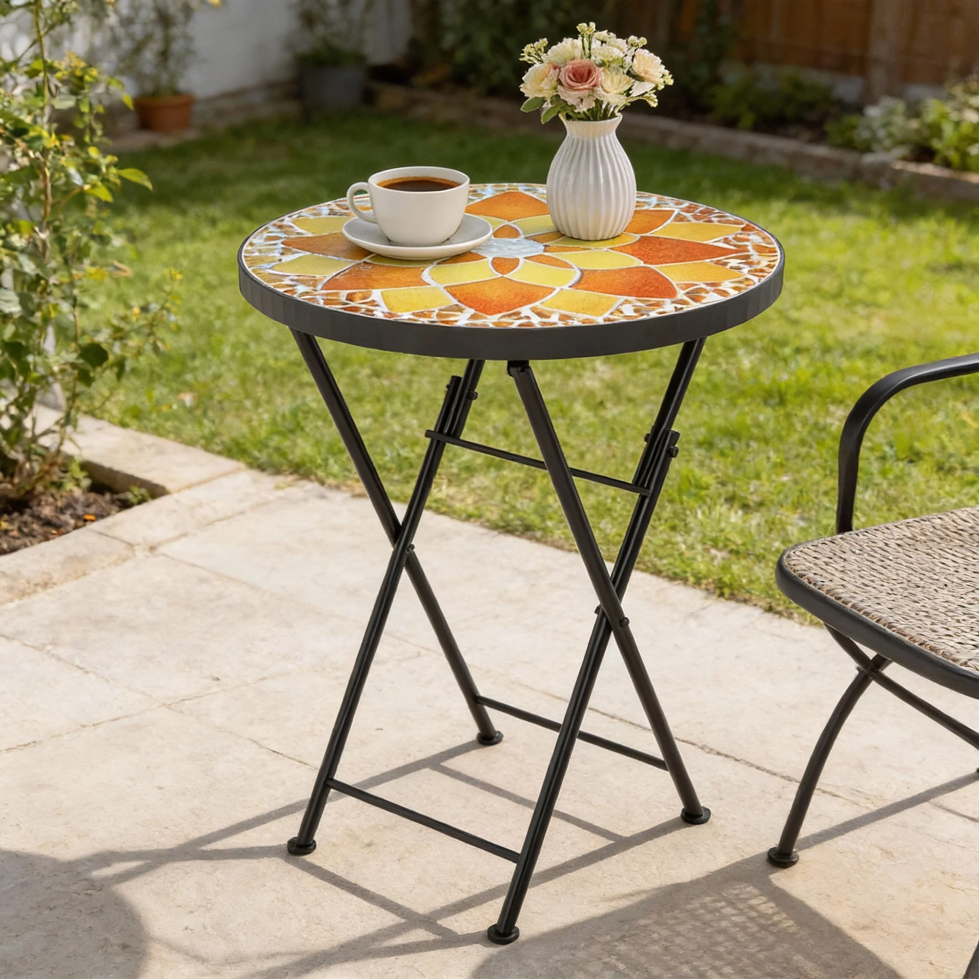 Outsunny Mosaic Garden Table, 35.5cm Folding Coffee Table, Yellow - Image 8