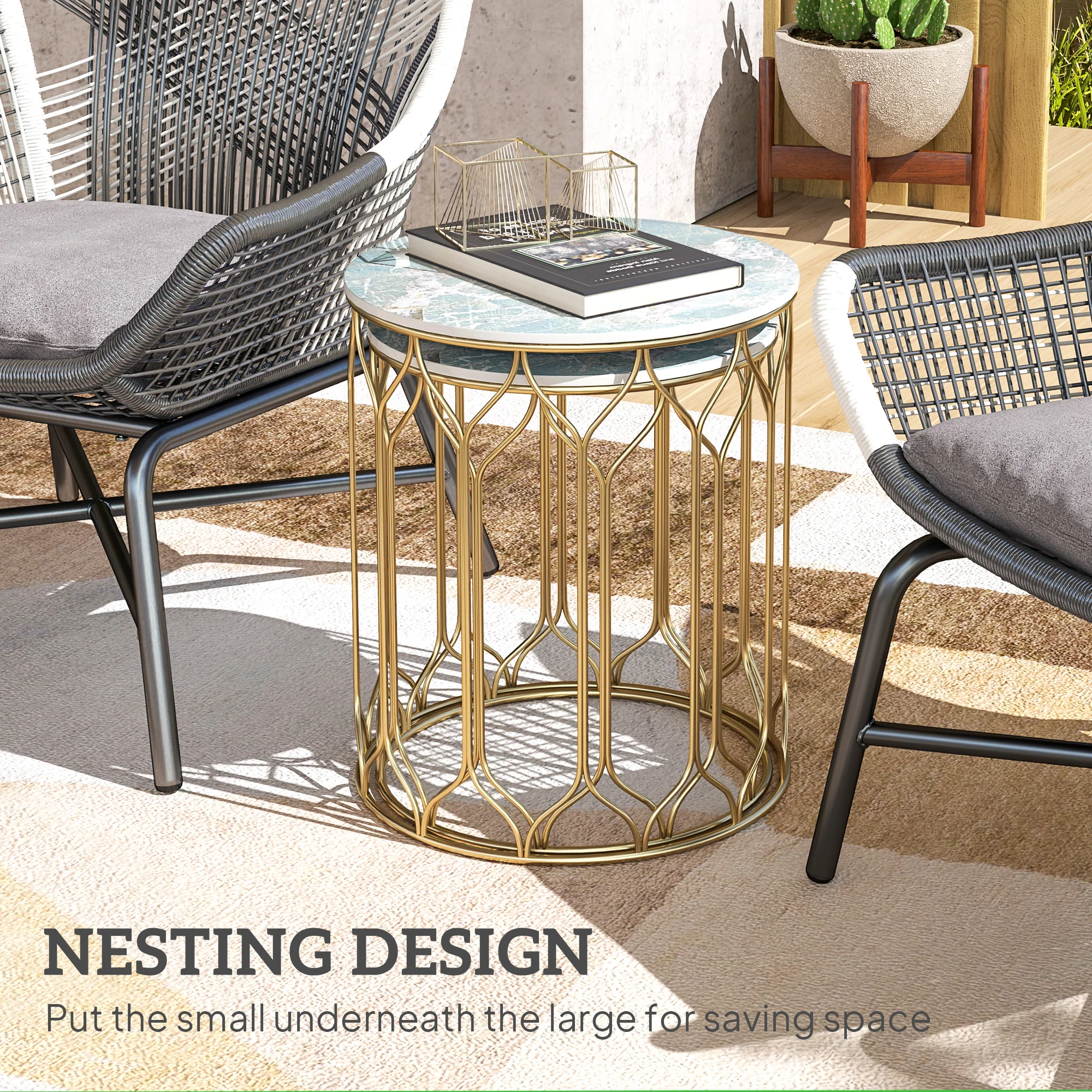 Outsunny Nesting Small Garden Table Set of 2 with Marble Effect Top - Image 12