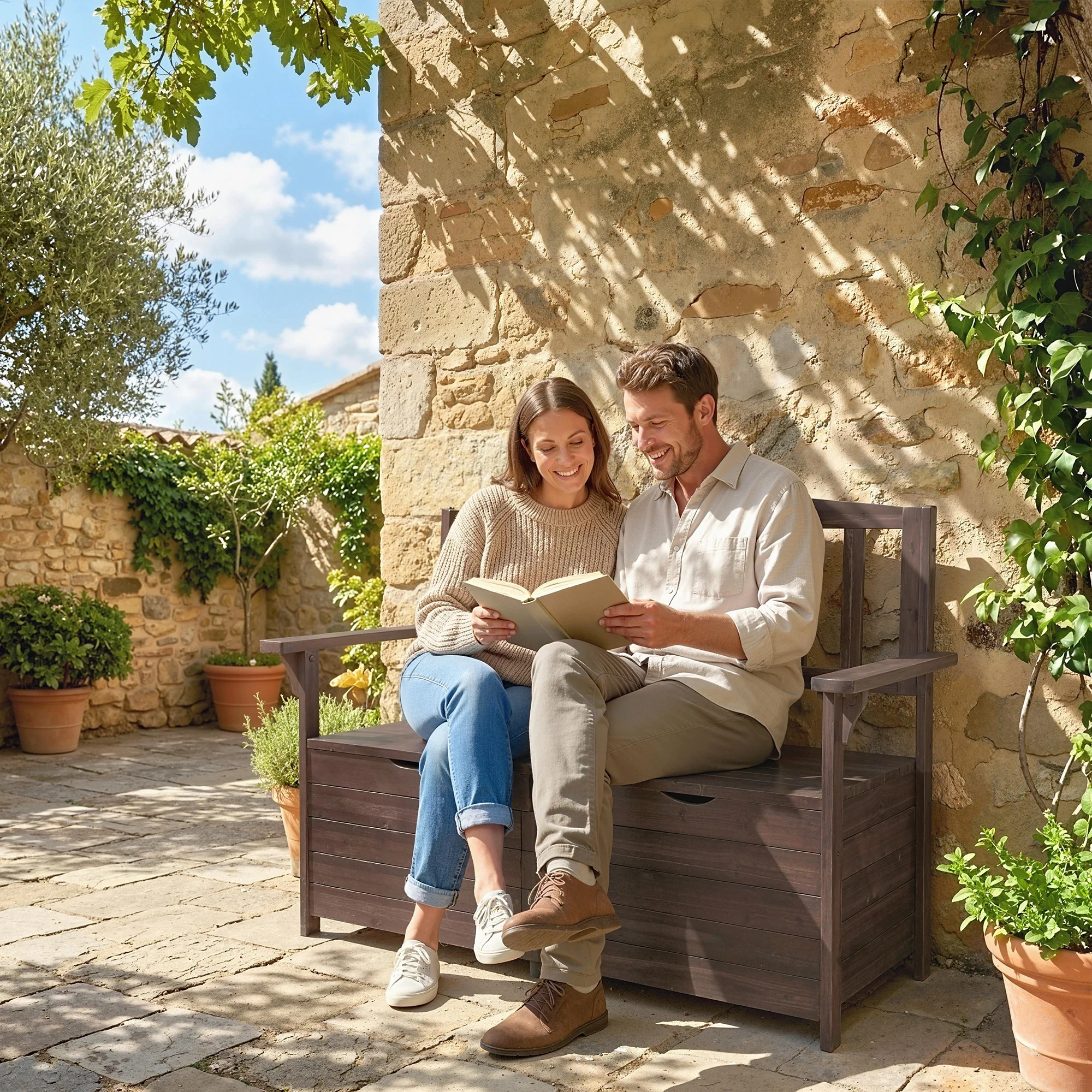 Outsunny Outdoor 2 Seater Garden Bench, Garden Storage Bench with Backrest - Image 2
