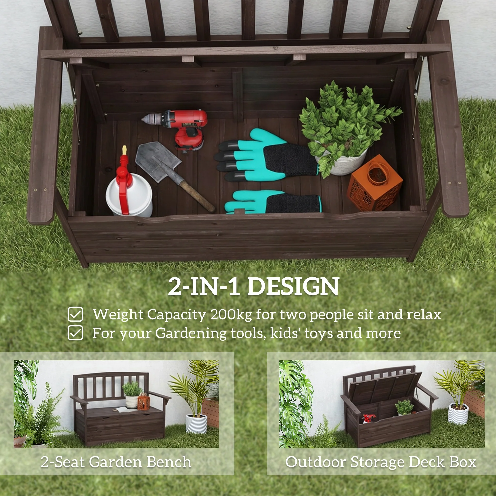 Outsunny Outdoor 2 Seater Garden Bench, Garden Storage Bench with Backrest - Image 3