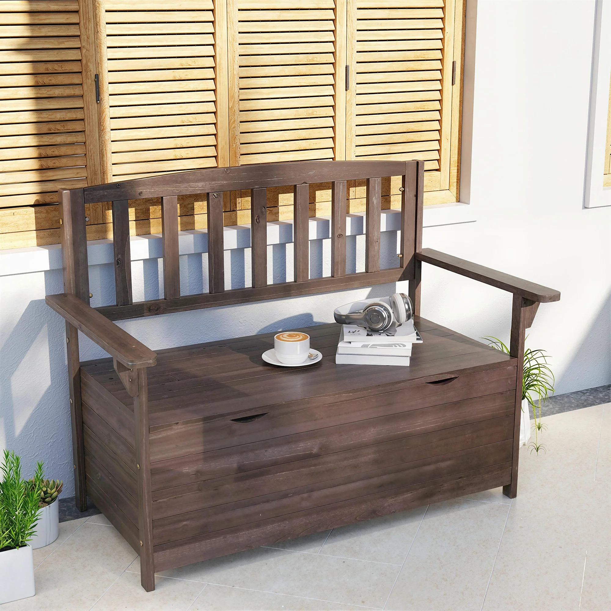 Outsunny Outdoor 2 Seater Garden Bench, Garden Storage Bench with Backrest - Image 7