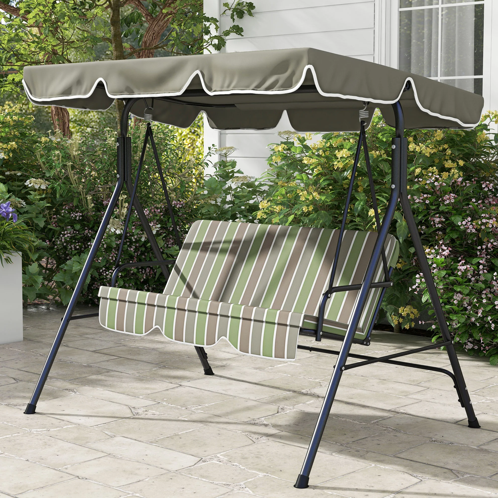 Outsunny Outdoor 3-person Metal Porch Swing Chair Bench Canopy Green - Image 2