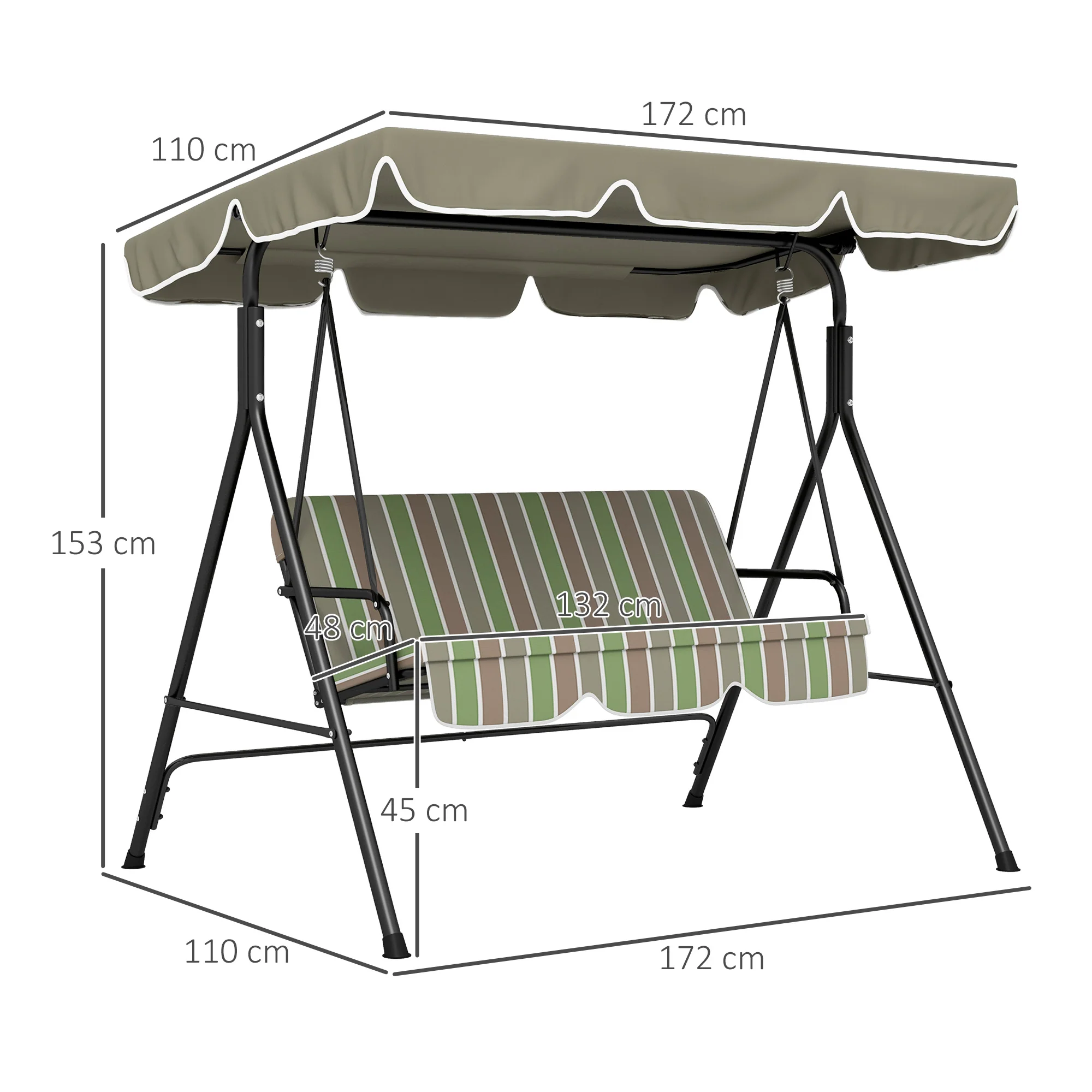 Outsunny Outdoor 3-person Metal Porch Swing Chair Bench Canopy Green - Image 3