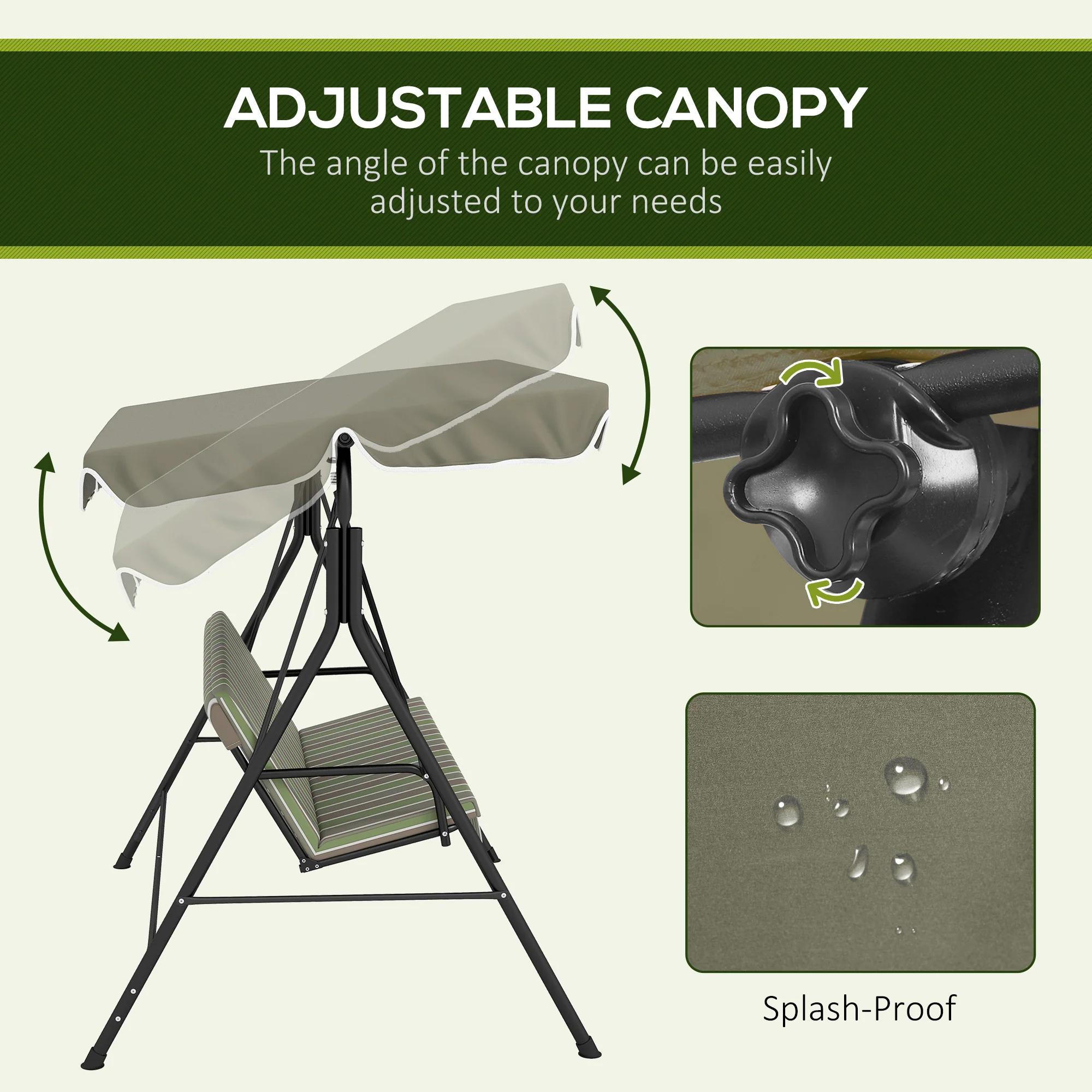 Outsunny Outdoor 3-person Metal Porch Swing Chair Bench Canopy Green - Image 4