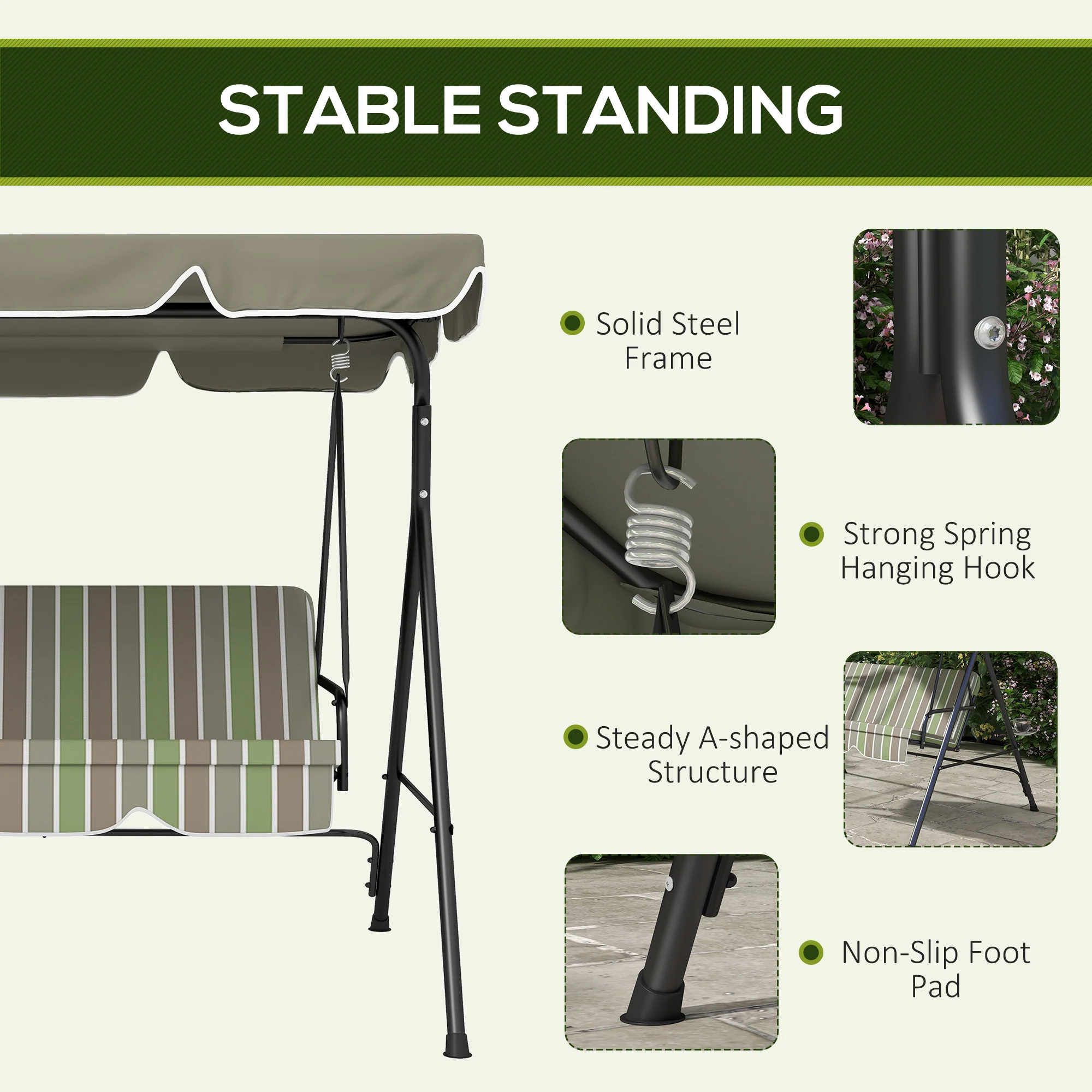 Outsunny Outdoor 3-person Metal Porch Swing Chair Bench Canopy Green - Image 5