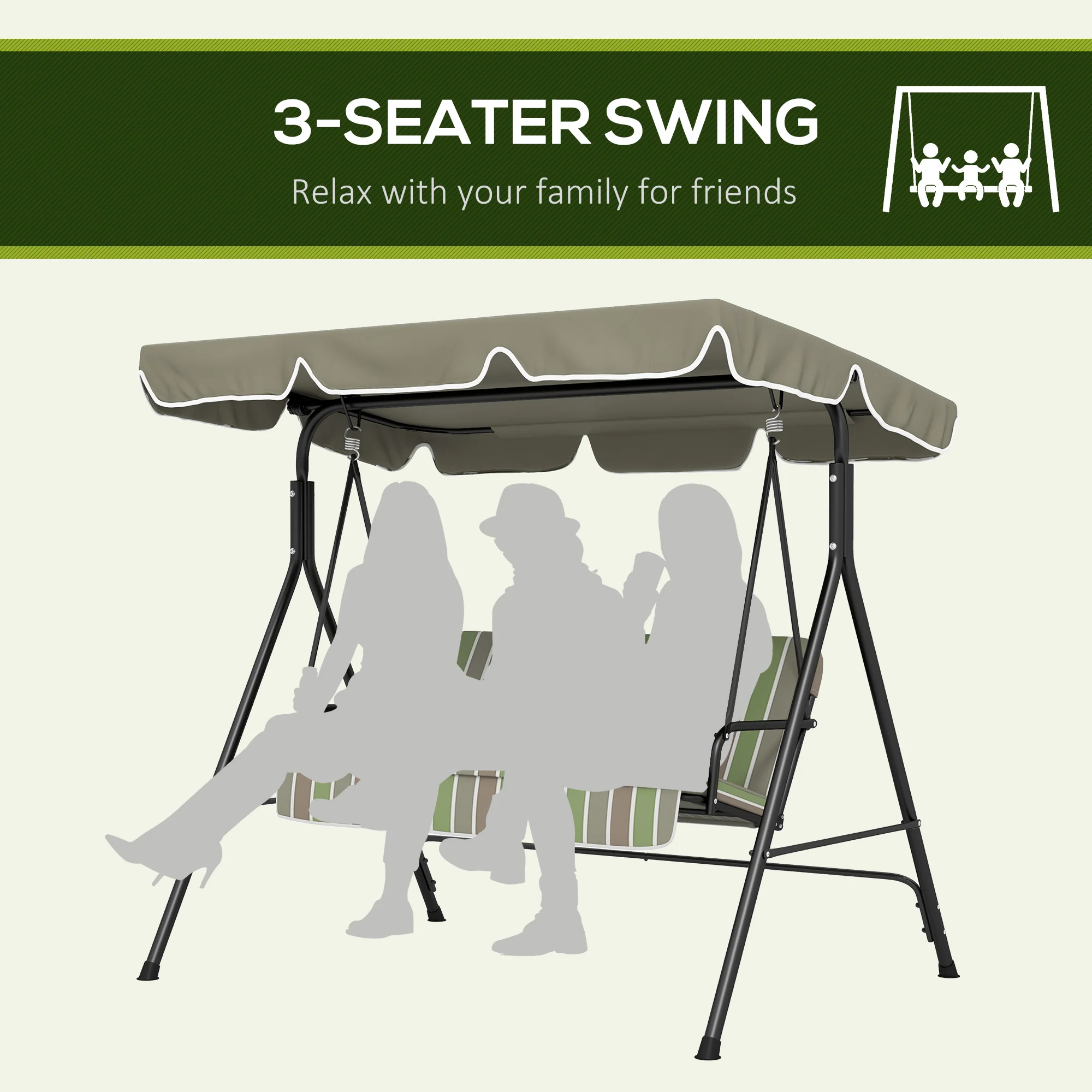 Outsunny Outdoor 3-person Metal Porch Swing Chair Bench Canopy Green - Image 6