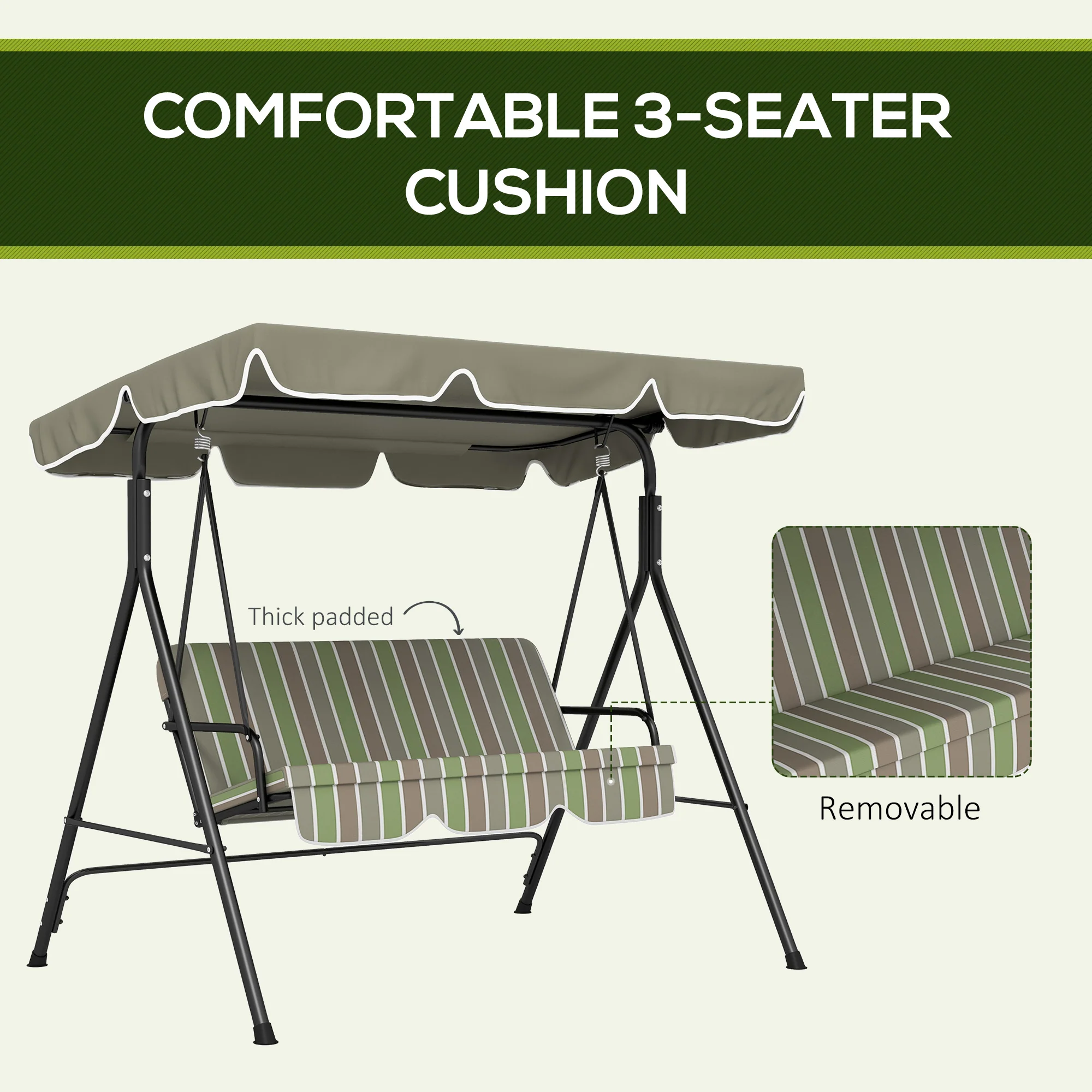Outsunny Outdoor 3-person Metal Porch Swing Chair Bench Canopy Green - Image 7