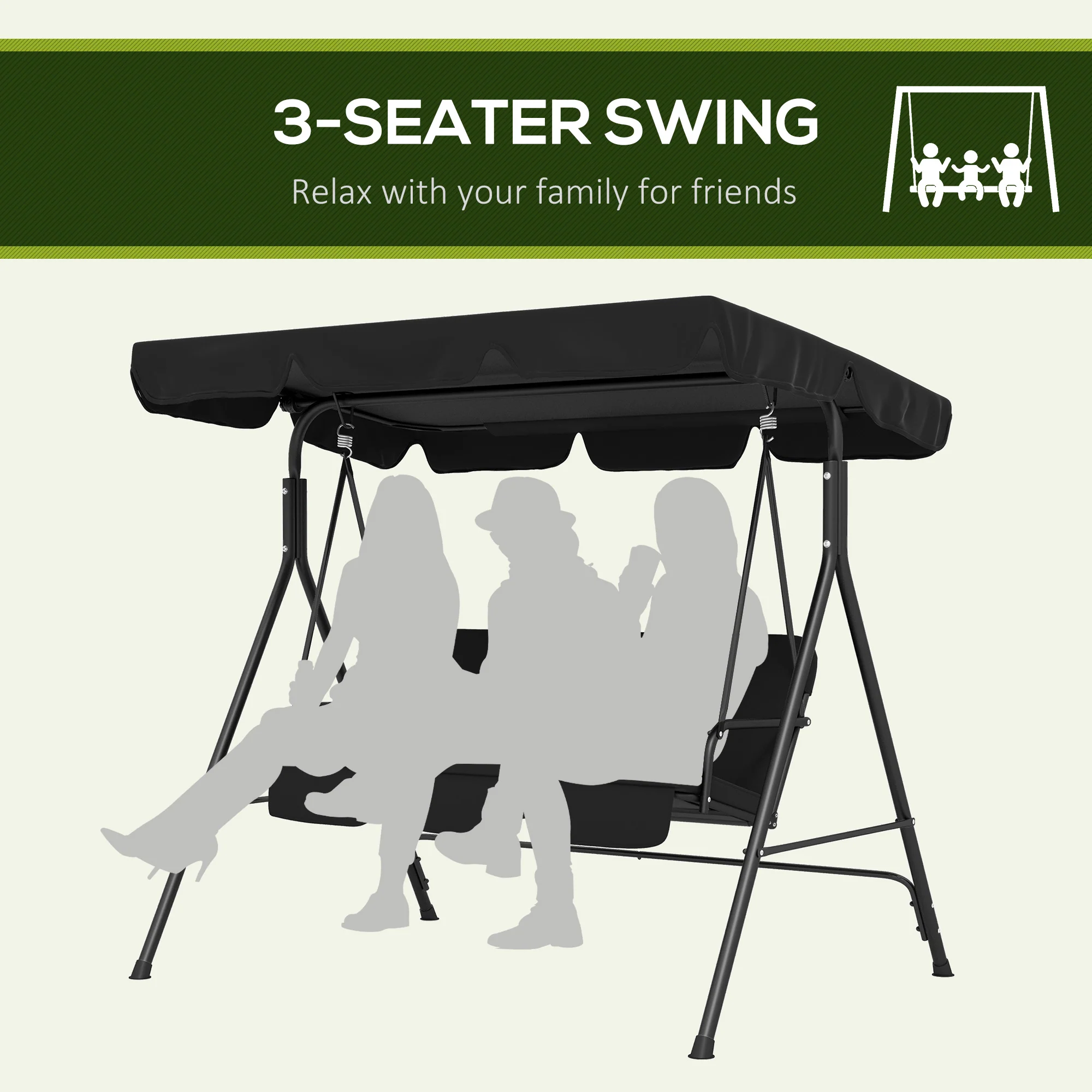 Outsunny Outdoor 3-person Porch Swing Chair with Adjustable Canopy Black - Image 6