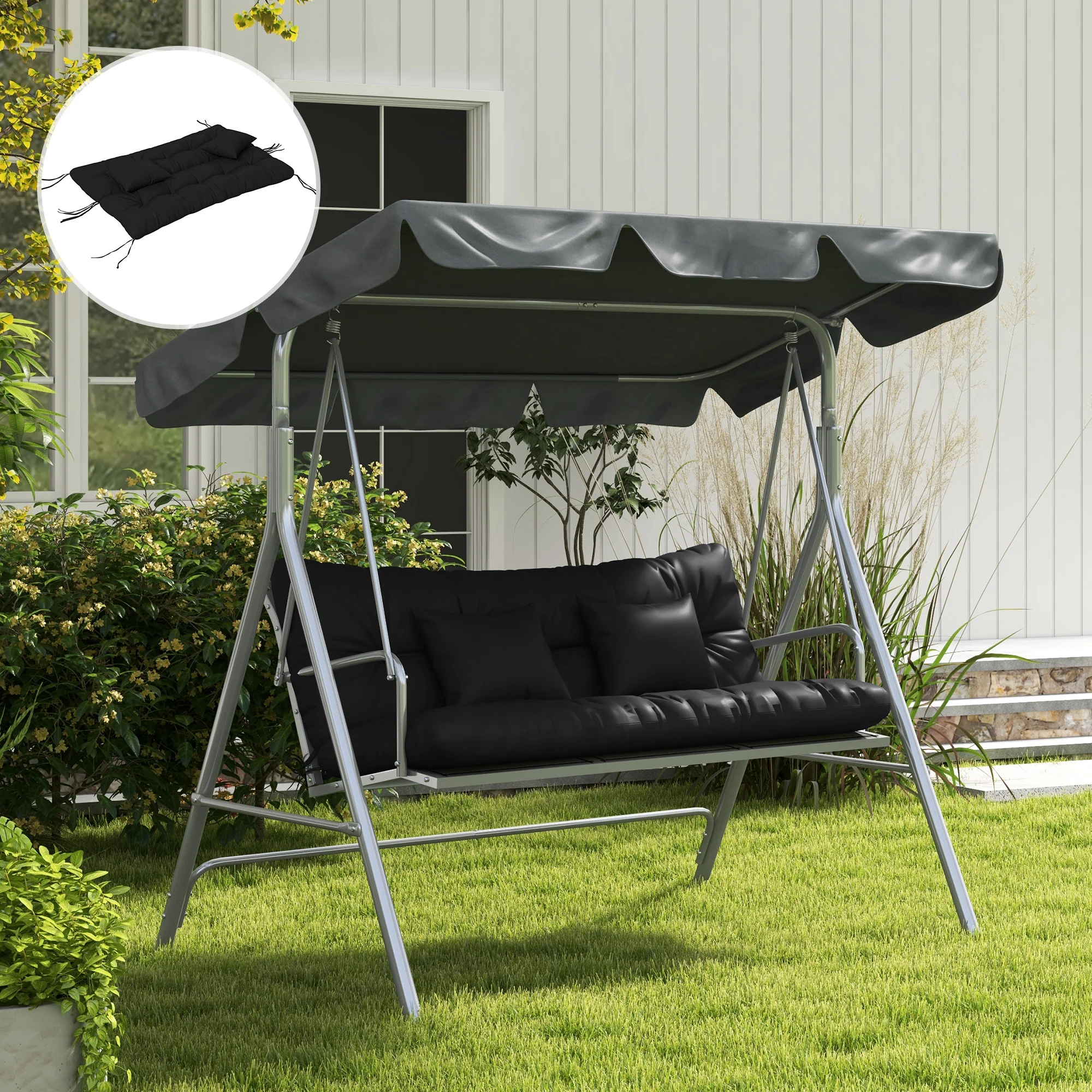 Outsunny Outdoor Back and Seat Cushion with Pillows, NO SWING, Black - Image 7