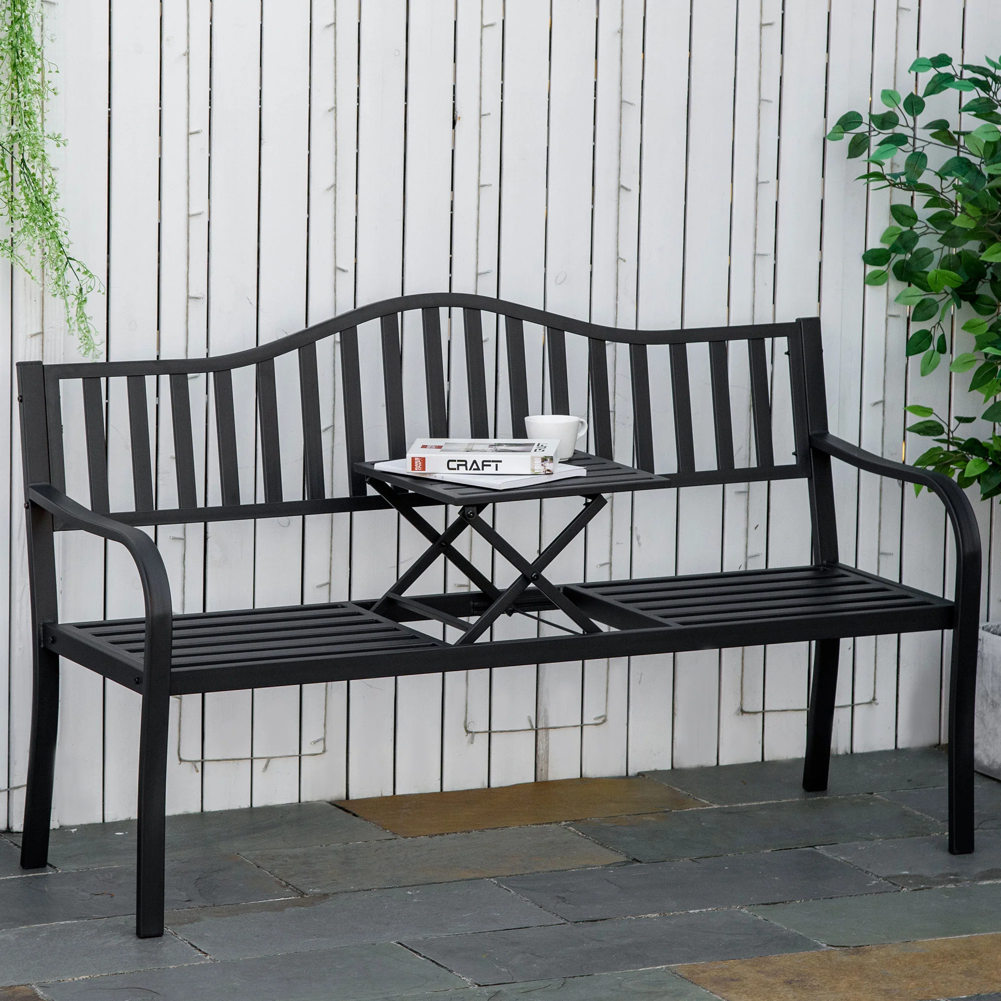 Outsunny Outdoor Bench with Liftable Middle Table, Patio Loveseat, Black - Image 2