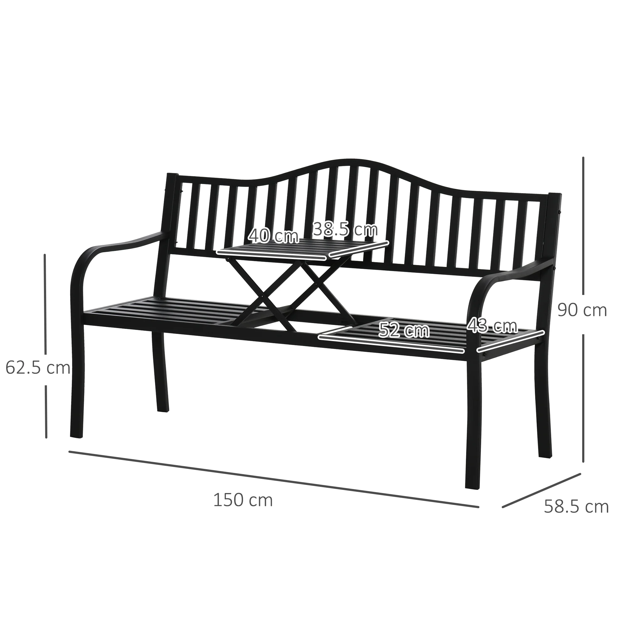 Outsunny Outdoor Bench with Liftable Middle Table, Patio Loveseat, Black - Image 3