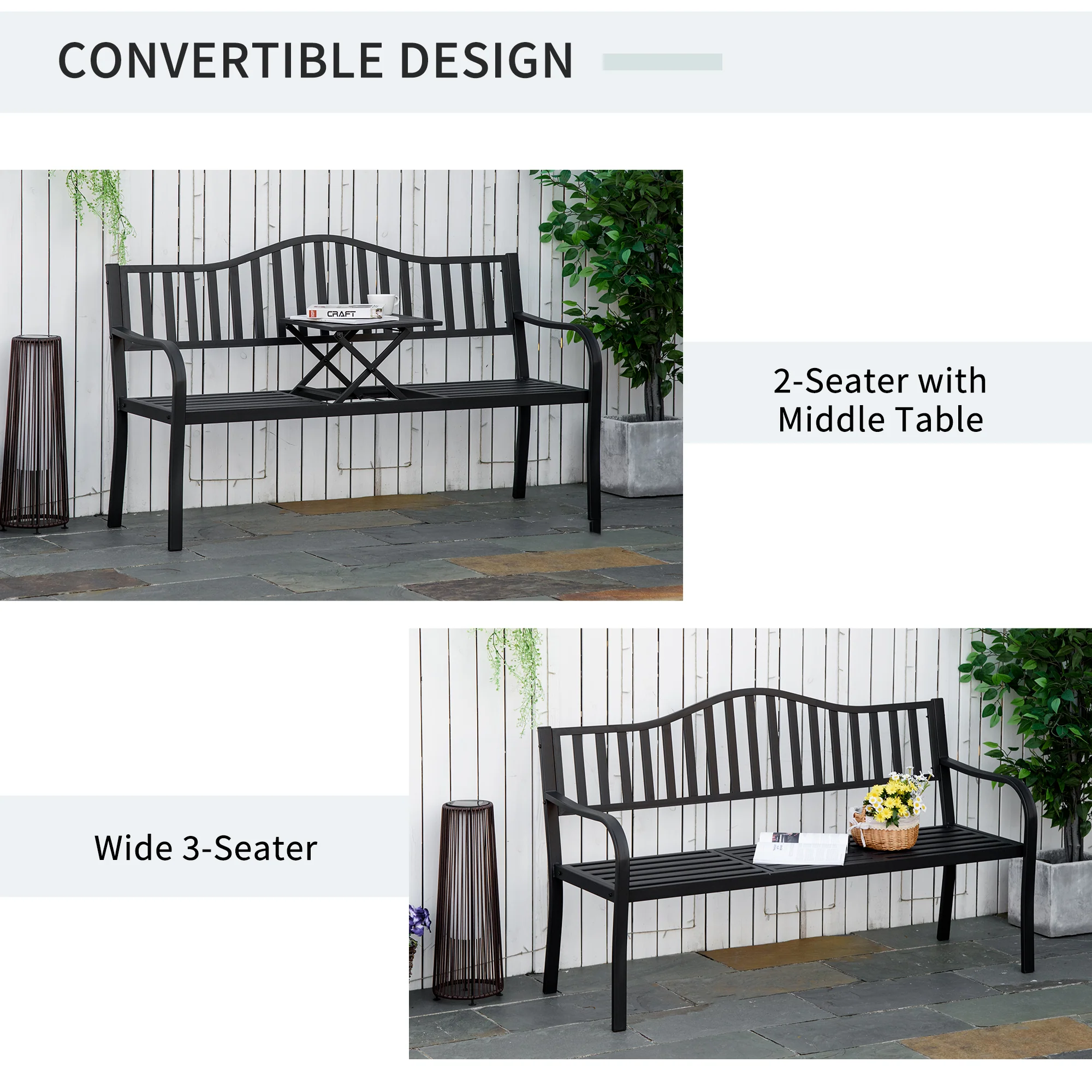 Outsunny Outdoor Bench with Liftable Middle Table, Patio Loveseat, Black - Image 4