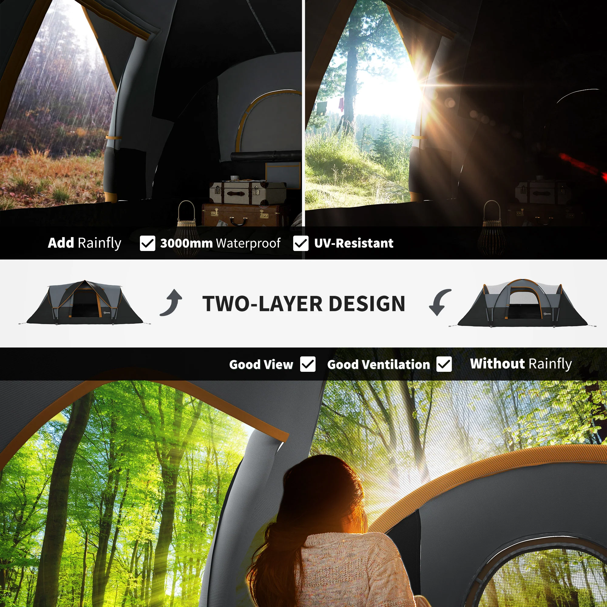 Outsunny Outdoor Camping Tent For 5-6 W/ Bag, Fibreglass & Steel Frame - Image 3