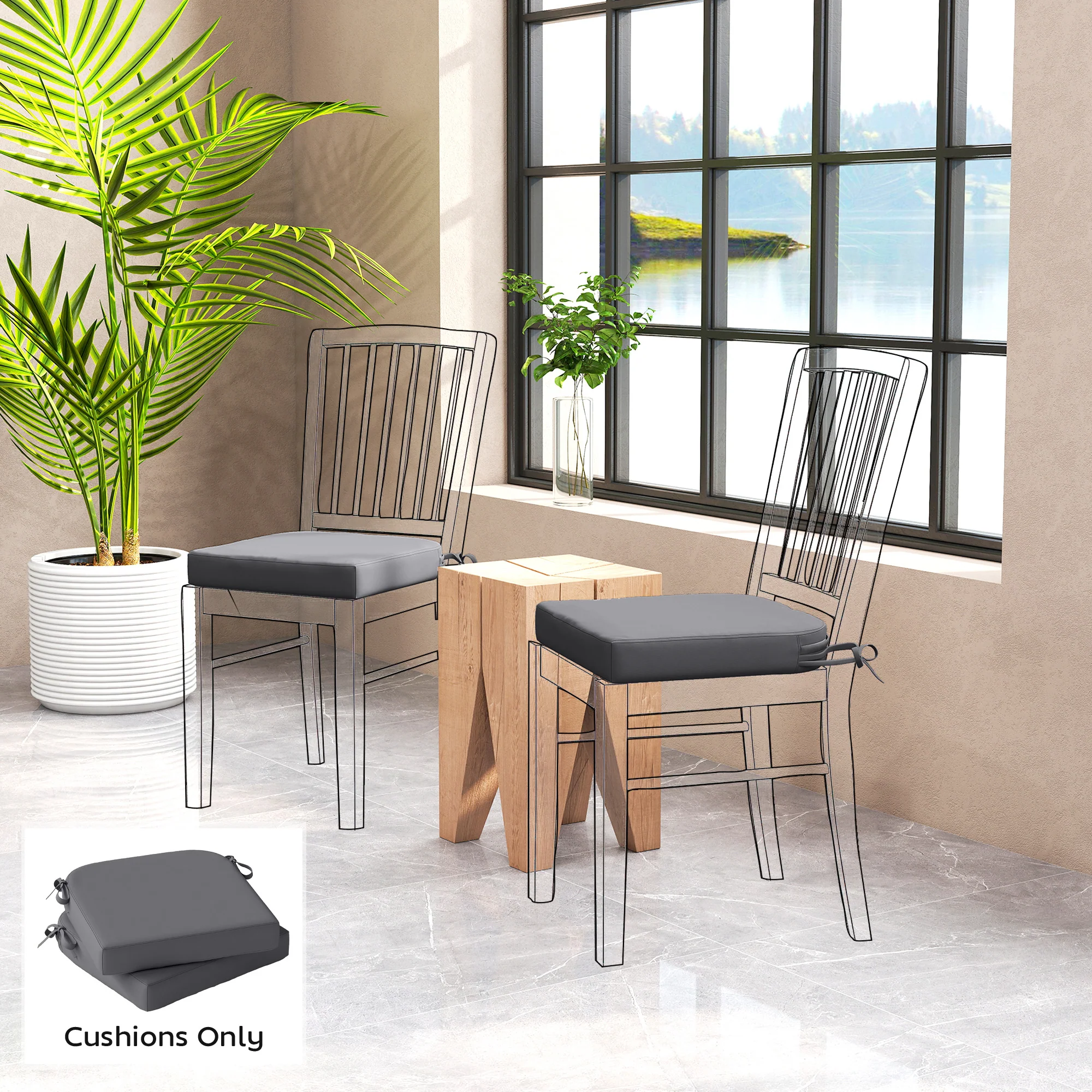 Outsunny Outdoor Chair Seat Cushions Set of 2, Garden Chair Cushions, Grey - Image 2