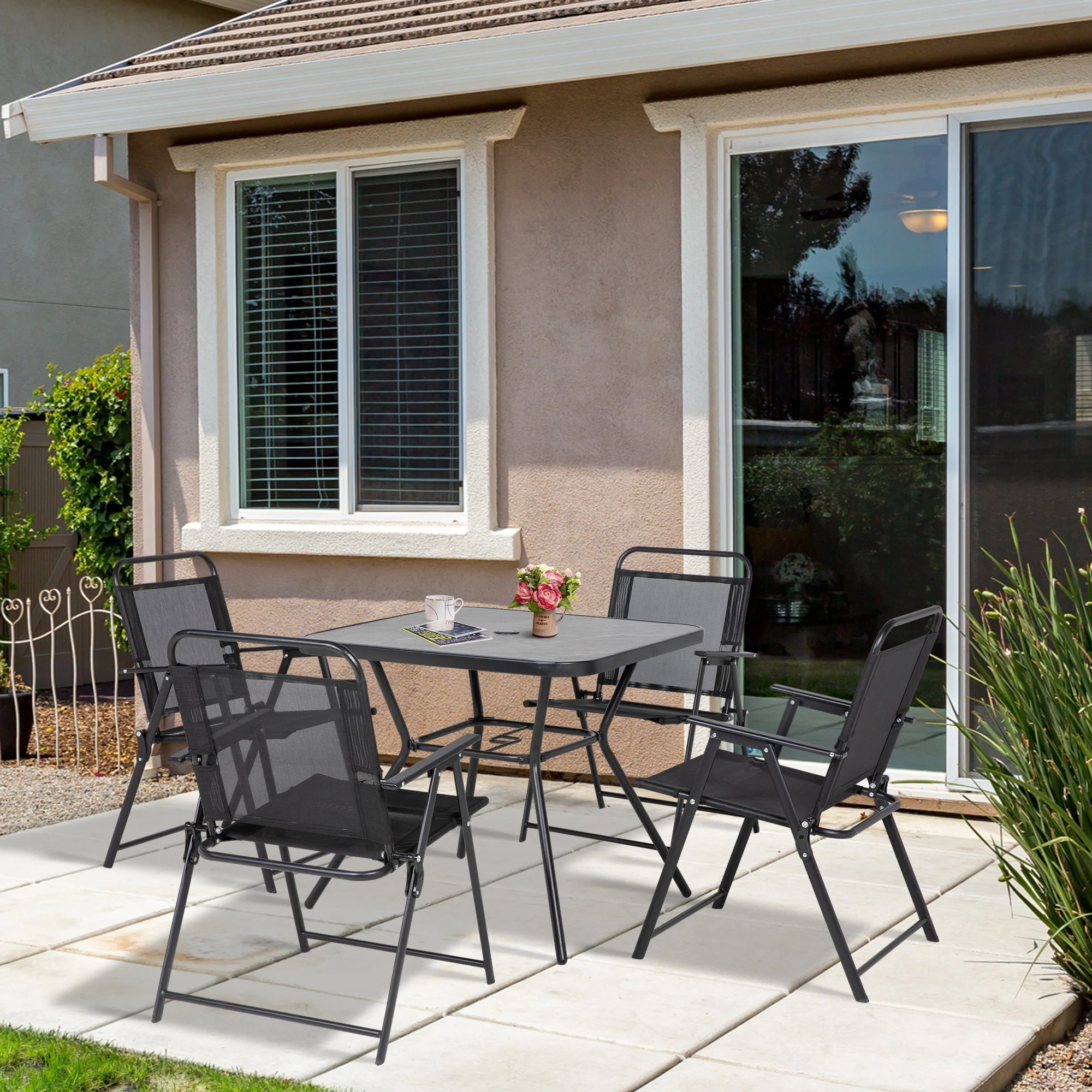Outsunny Outdoor Dining Set W/ Umbrella Hole Table, Patio Furniture Sets, Black - Image 2