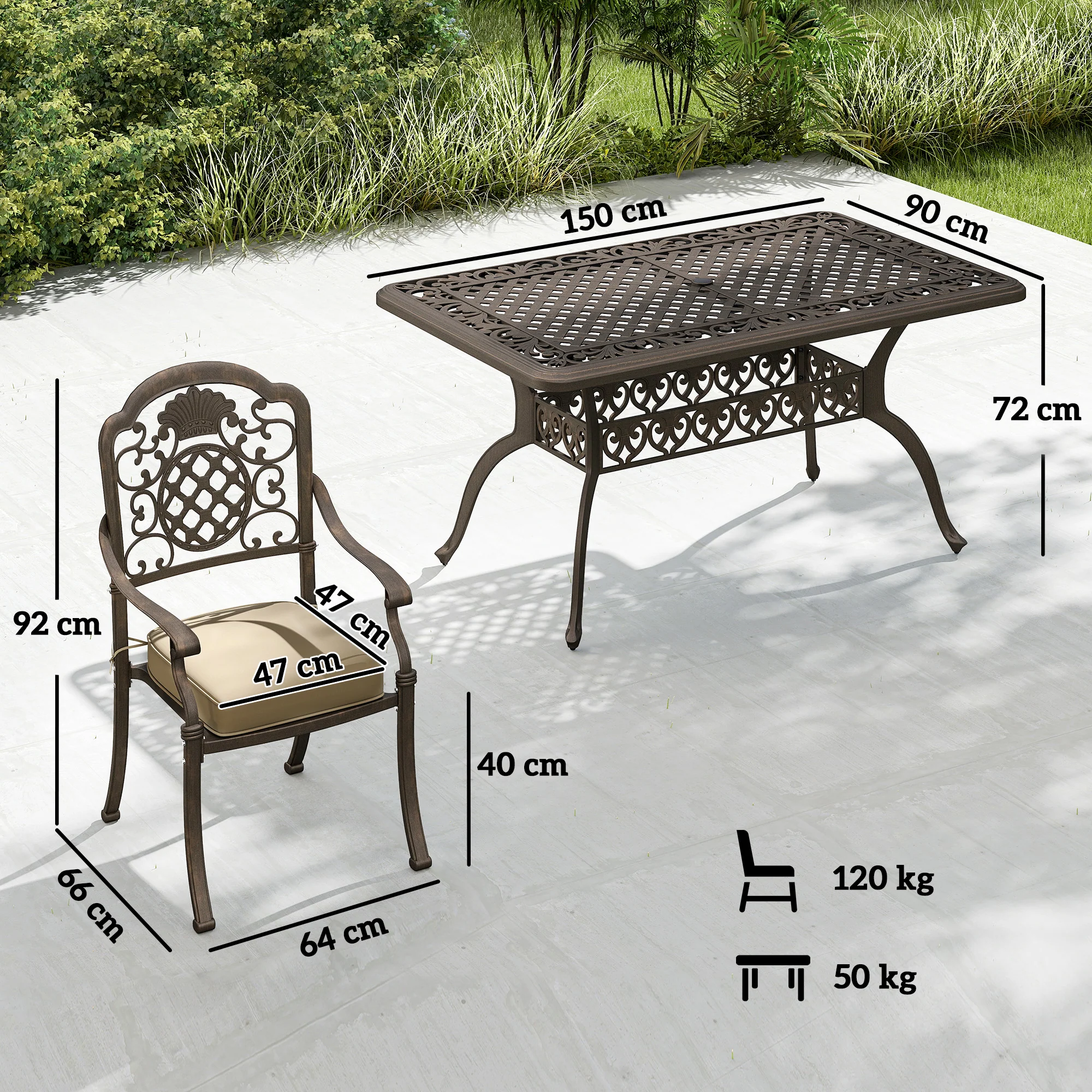 Outsunny Outdoor Dining Set With Cushions, Parasol Hole, Bronze Tone - Image 3