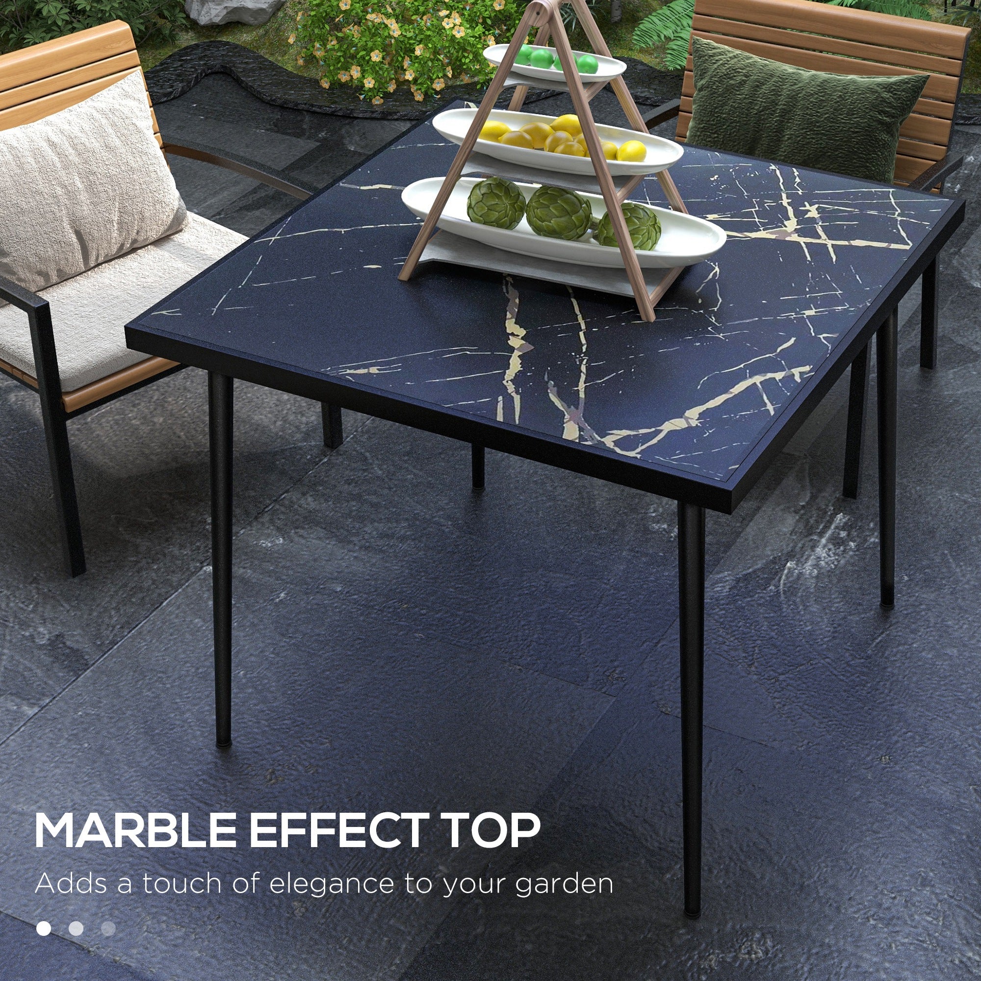Outsunny Outdoor Dining Table for 4 with Marble Effect Tempered Glass Top Black - Image 3