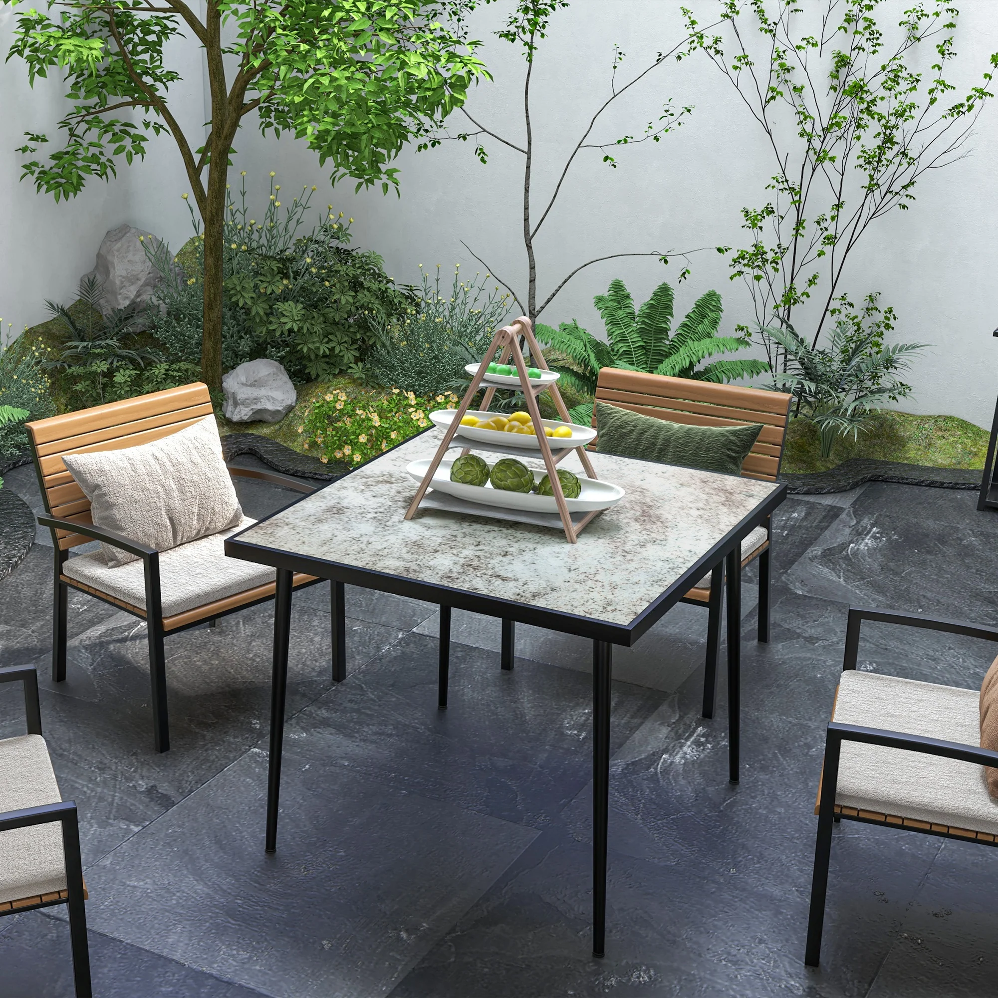 Outsunny Outdoor Dining Table for 4 with Marble Effect Tempered Glass Top Grey - Image 2