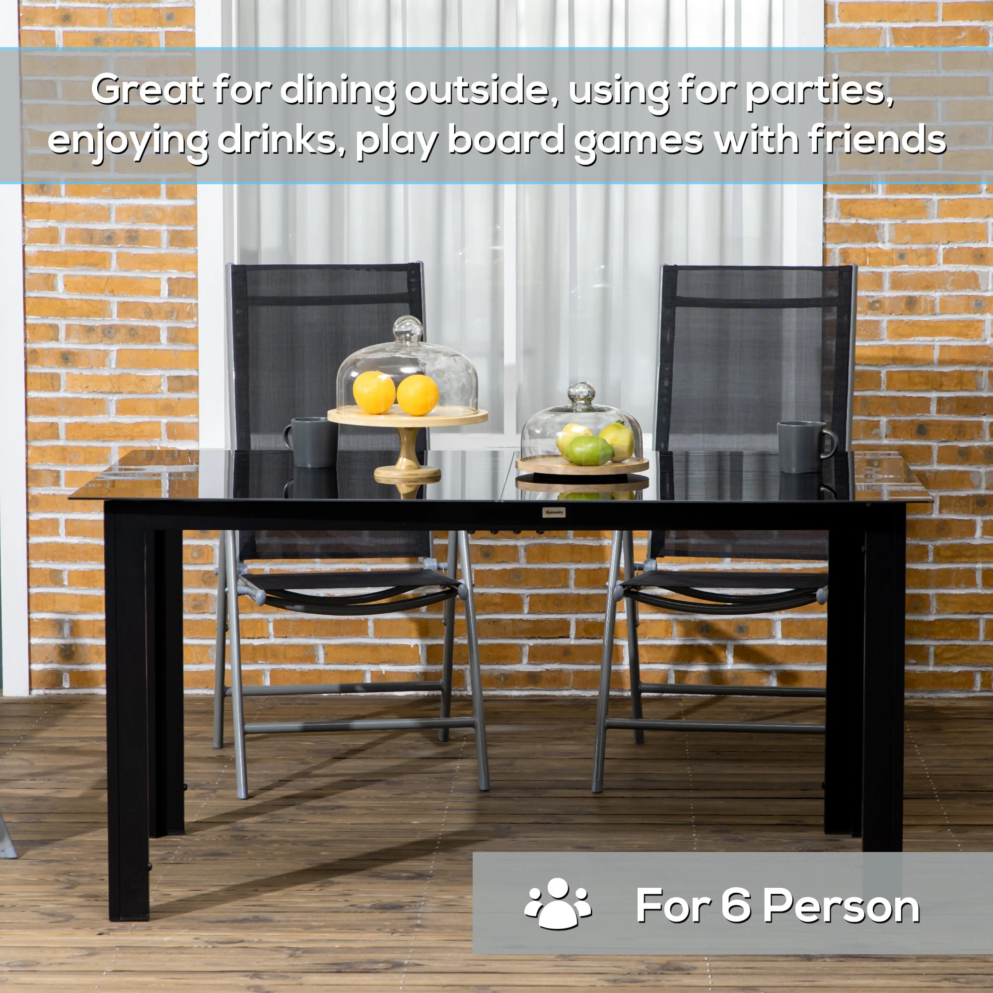 Outsunny Outdoor Dining Table for 6 Patio Table with Glass Tabletop Black - Image 6