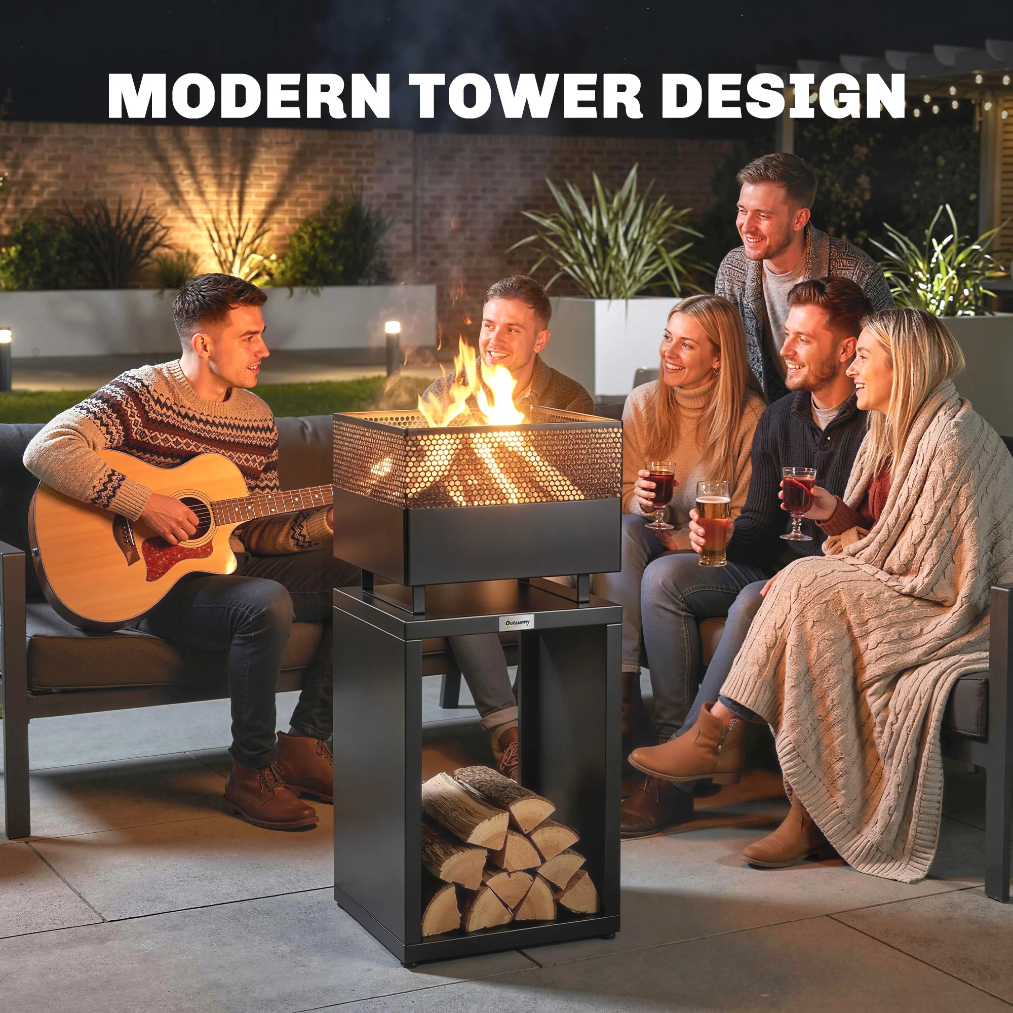 Outsunny Outdoor Fire Pit with Wood Storage 87 cm Black - Image 3