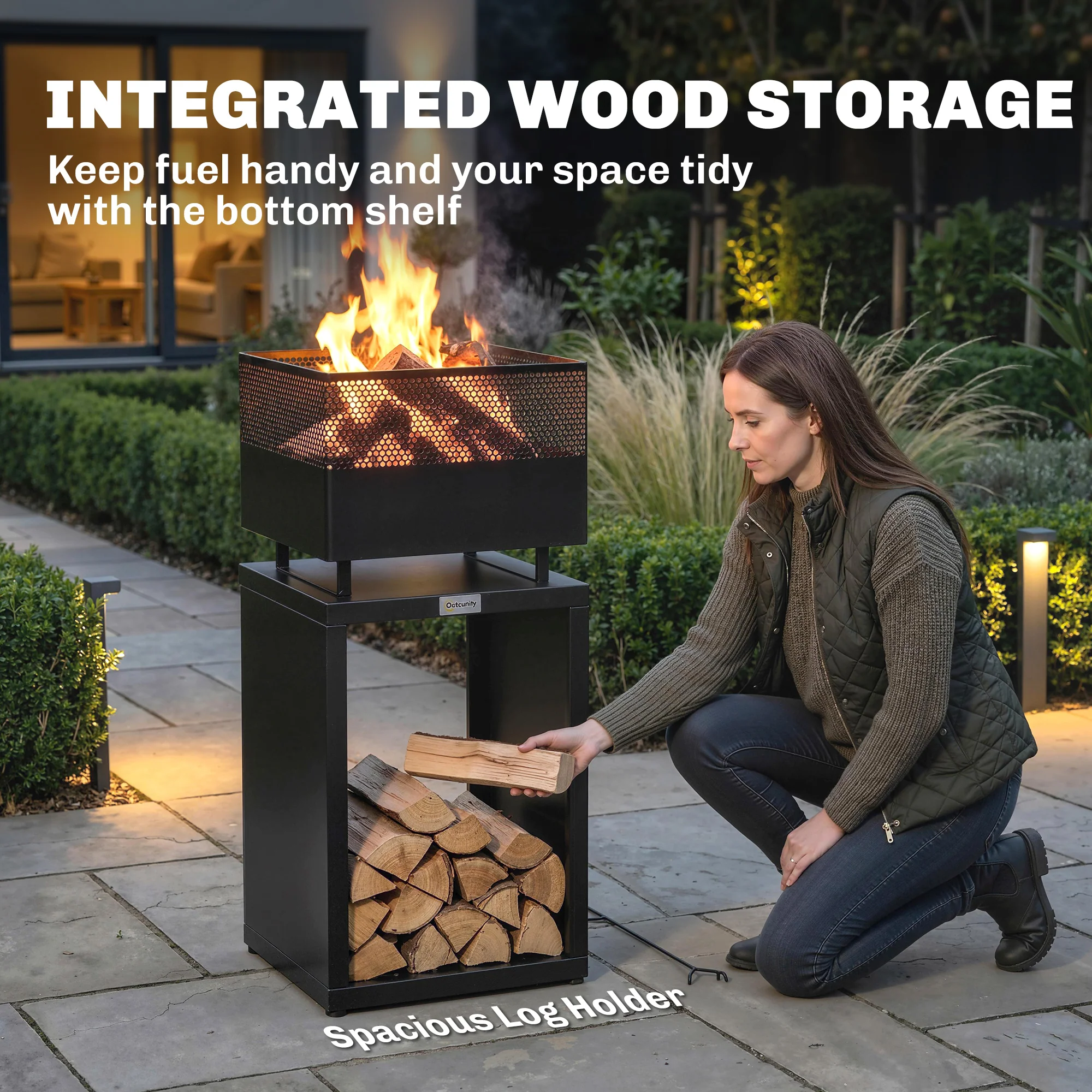 Outsunny Outdoor Fire Pit with Wood Storage 87 cm Black - Image 4