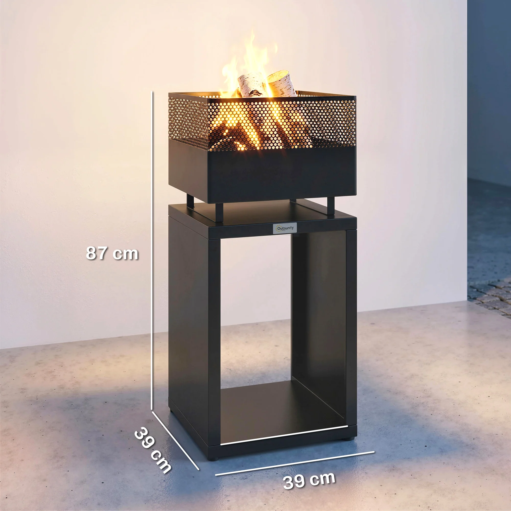 Outsunny Outdoor Fire Pit with Wood Storage 87 cm Black - Image 5