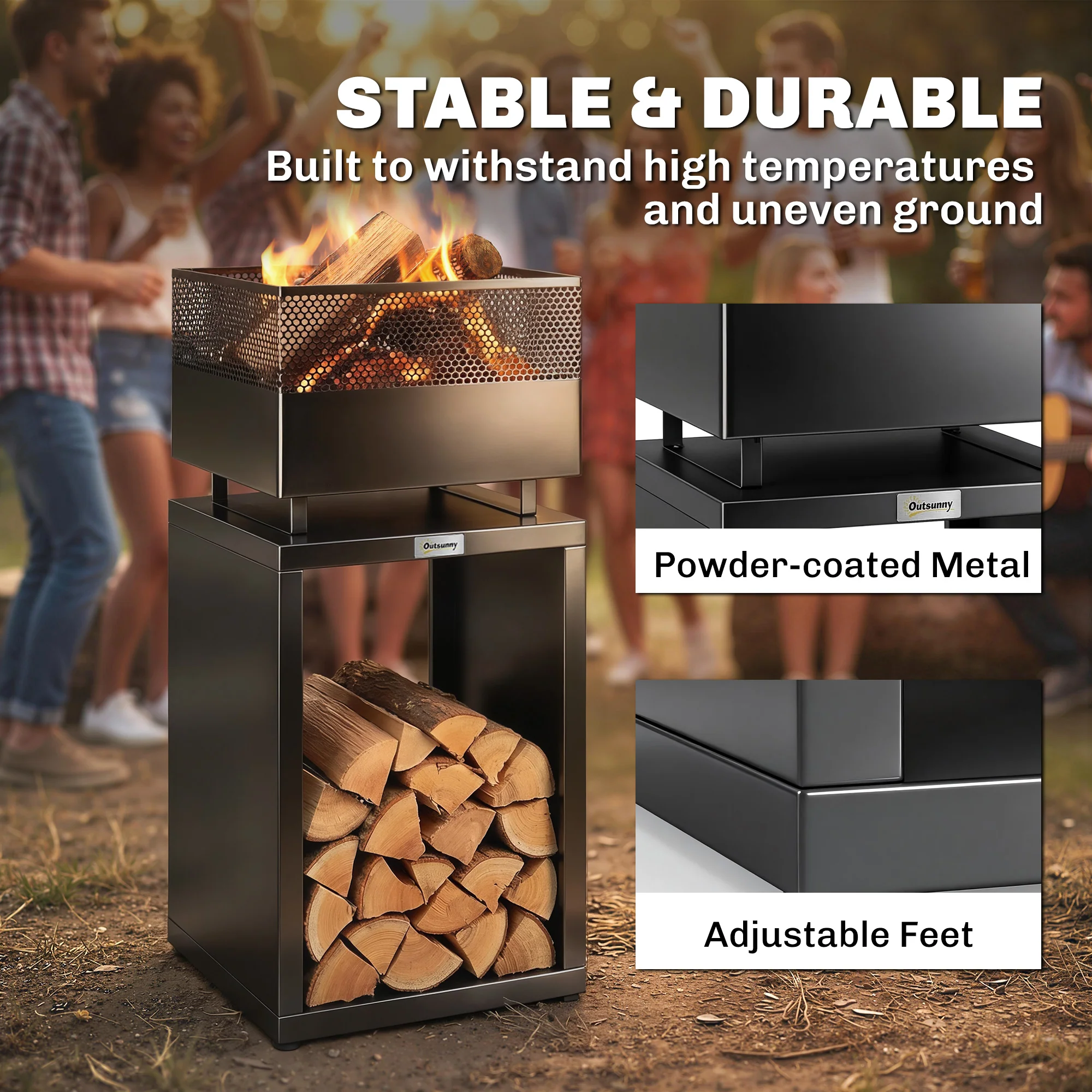Outsunny Outdoor Fire Pit with Wood Storage 87 cm Black - Image 7