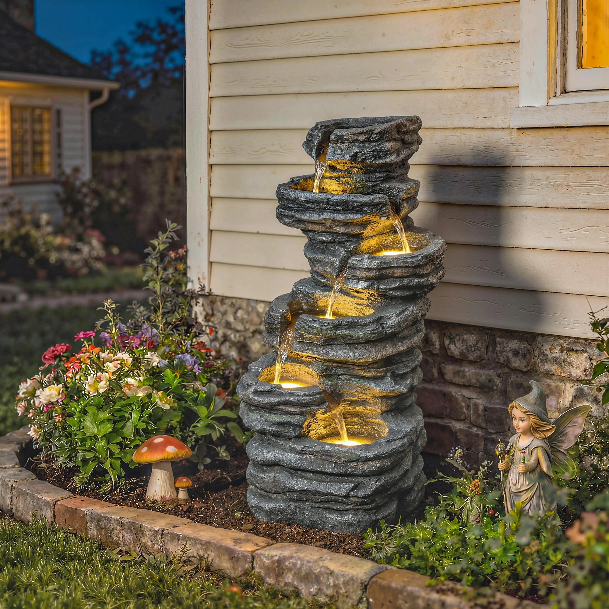 Outsunny Outdoor Fountain, Resin Freestanding Garden Fountain, Grey - Image 2