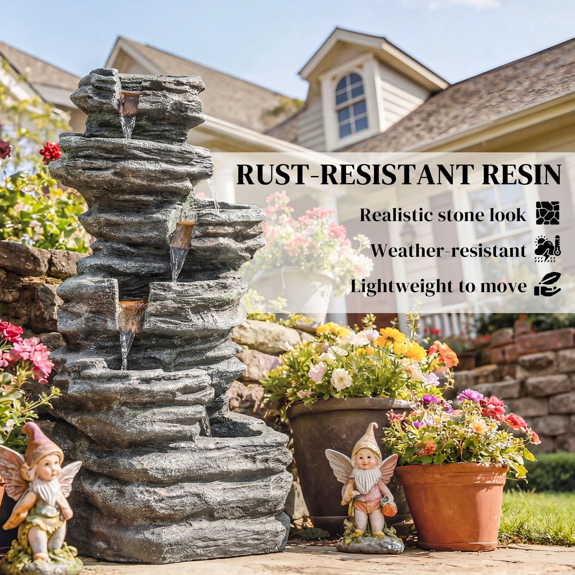 Outsunny Outdoor Fountain, Resin Freestanding Garden Fountain, Grey - Image 7