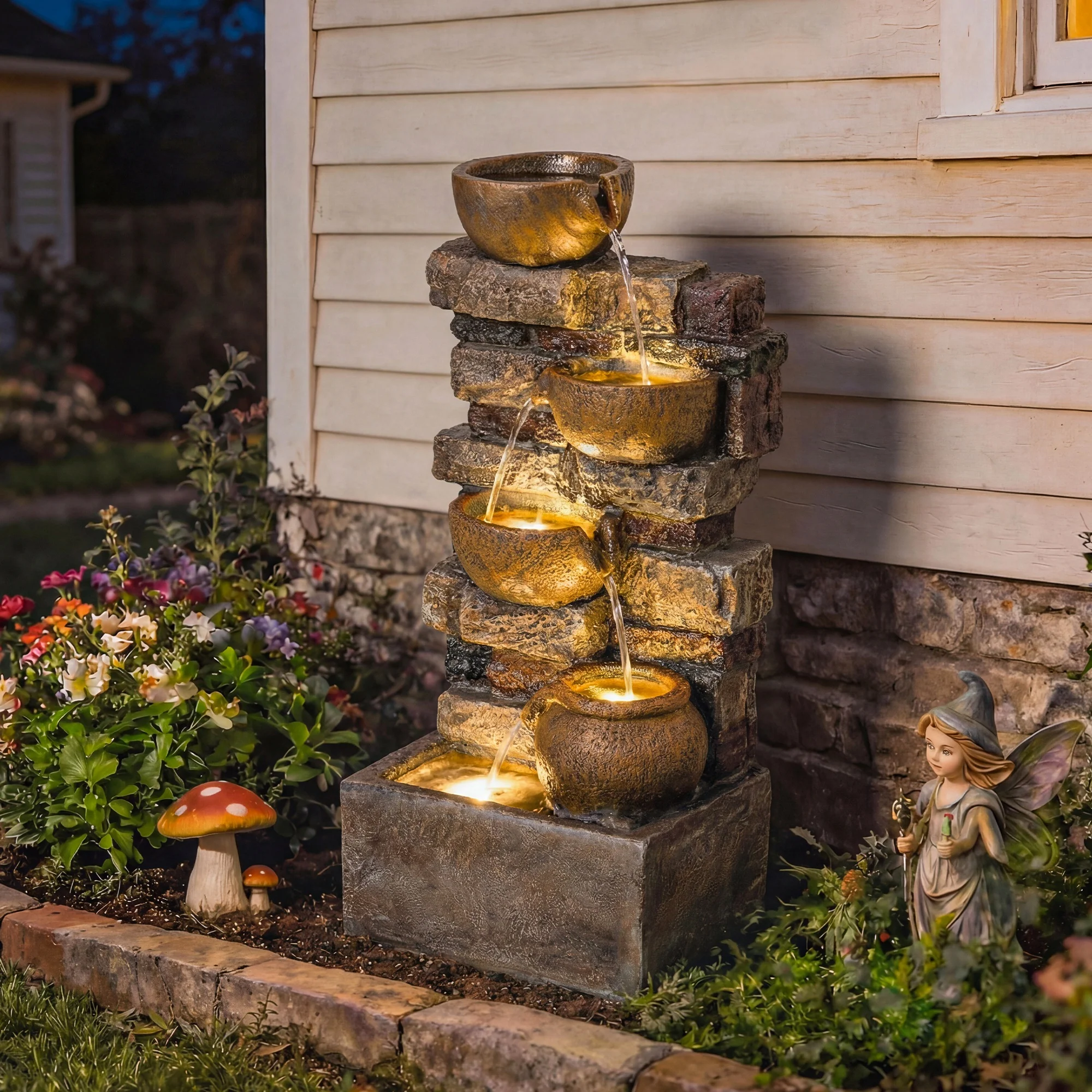Outsunny Outdoor Fountain with LED Lights, Cascading Waterfall Feature - Image 2
