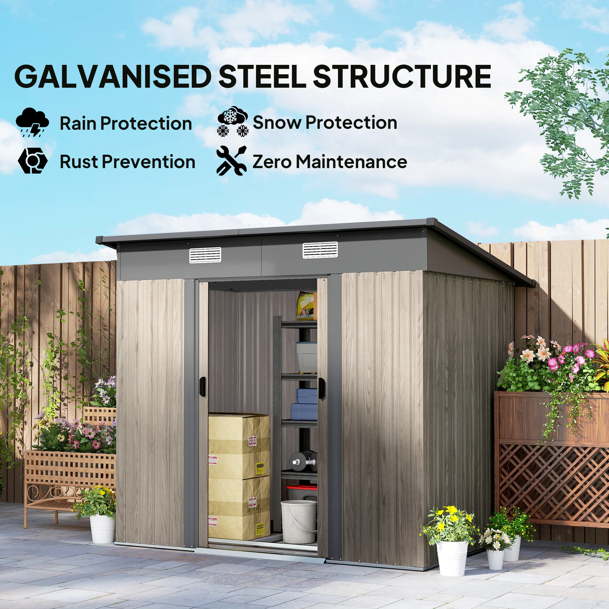 Outsunny Outdoor Garden Storage Shed for Patio Grey Wood Grain - Image 3
