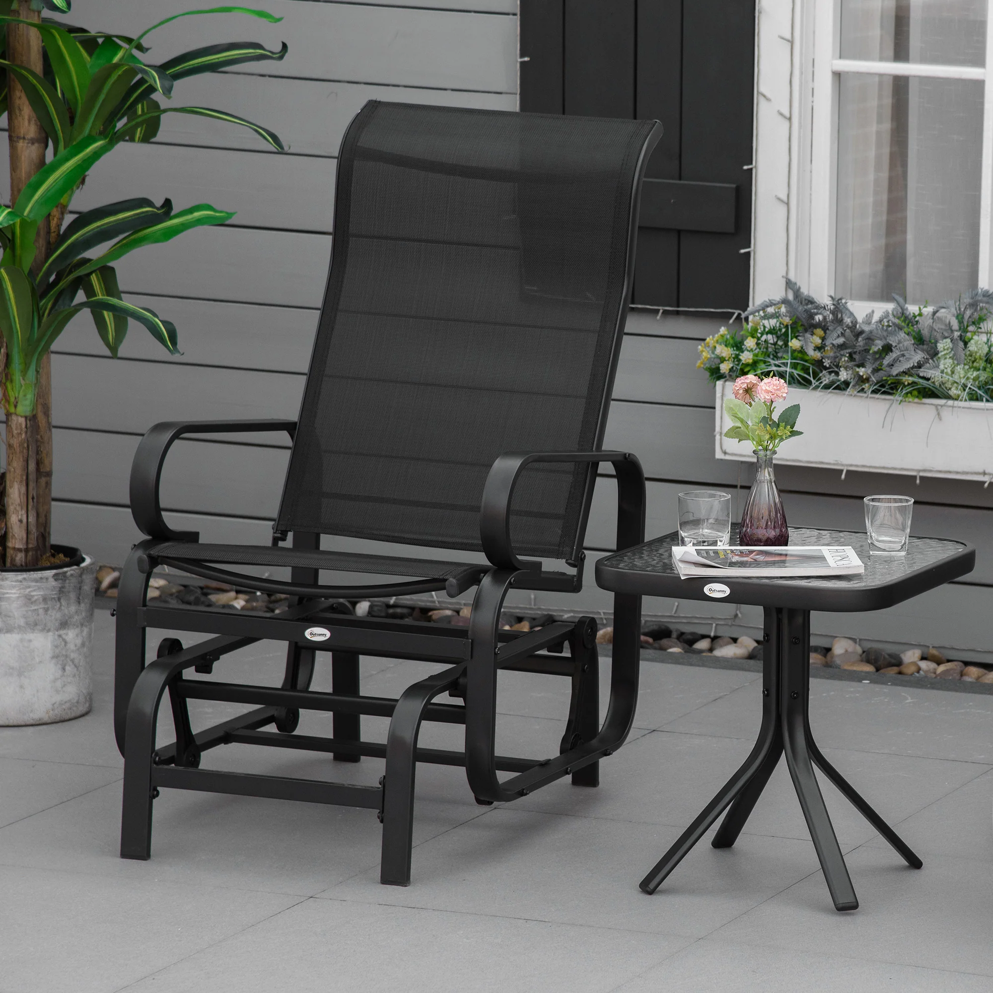 Outsunny Outdoor Gliding Rocking Chair w/ Metal Frame for Patio, Garden, Black - Image 2