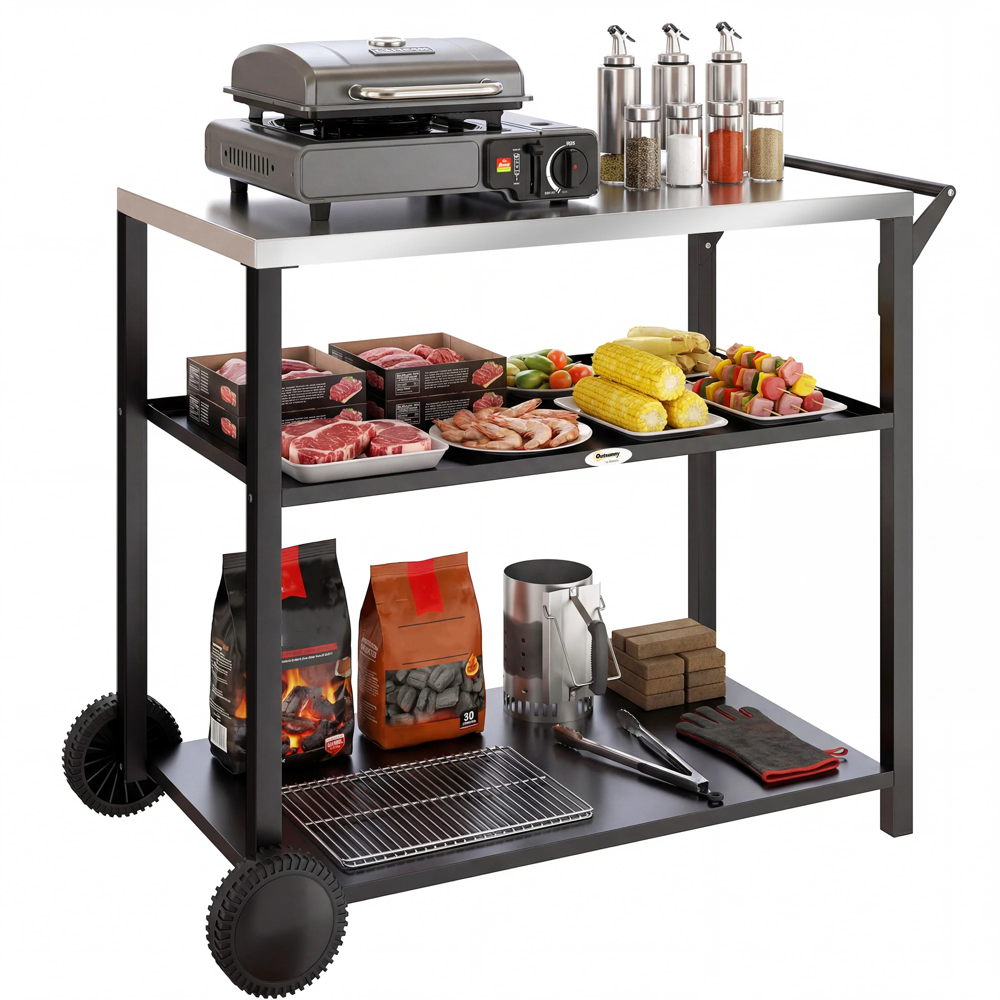 Outsunny Outdoor Grill Cart, Food Prep Table on Wheels, Black