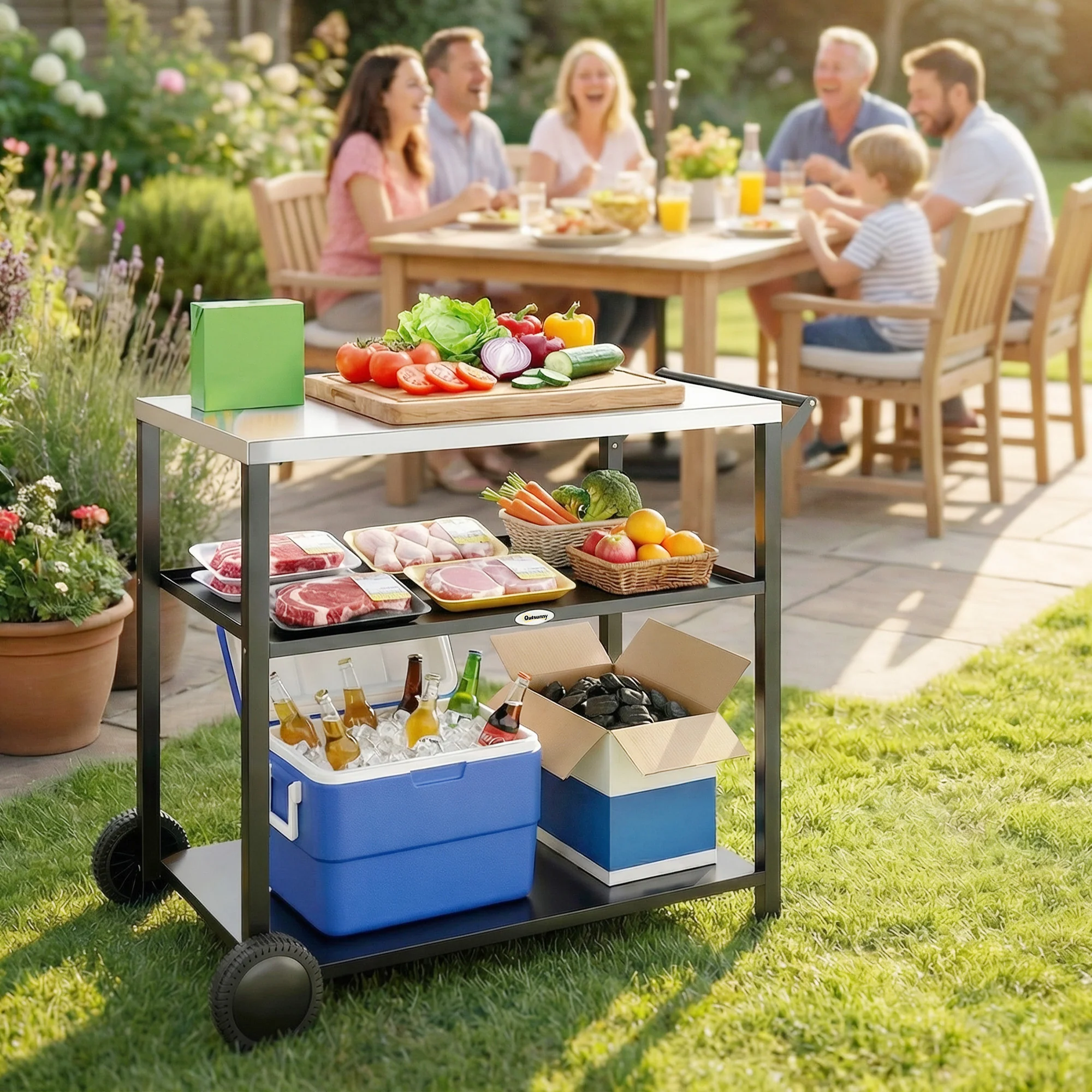Outsunny Outdoor Grill Cart, Food Prep Table on Wheels, Black - Image 2
