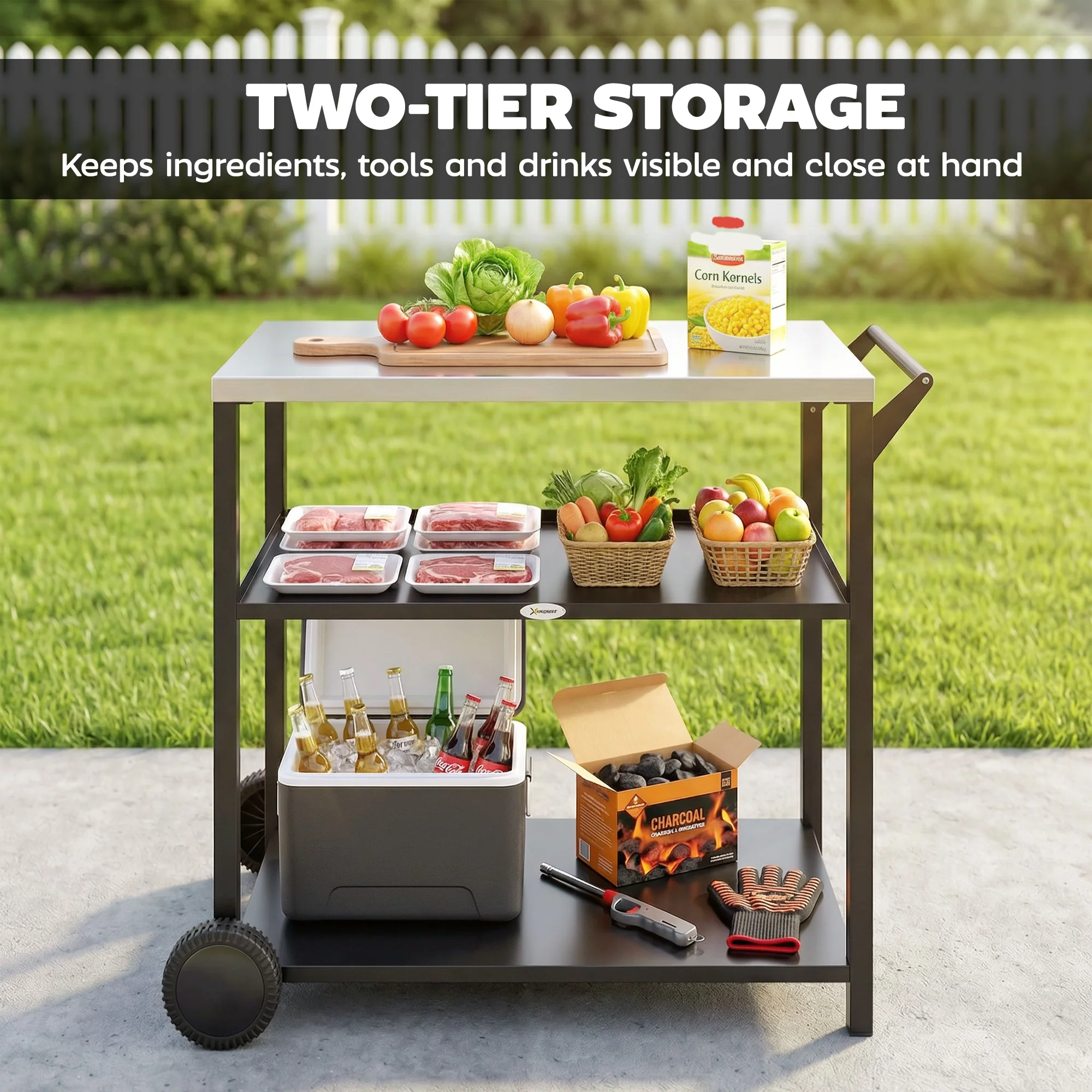 Outsunny Outdoor Grill Cart, Food Prep Table on Wheels, Black - Image 4