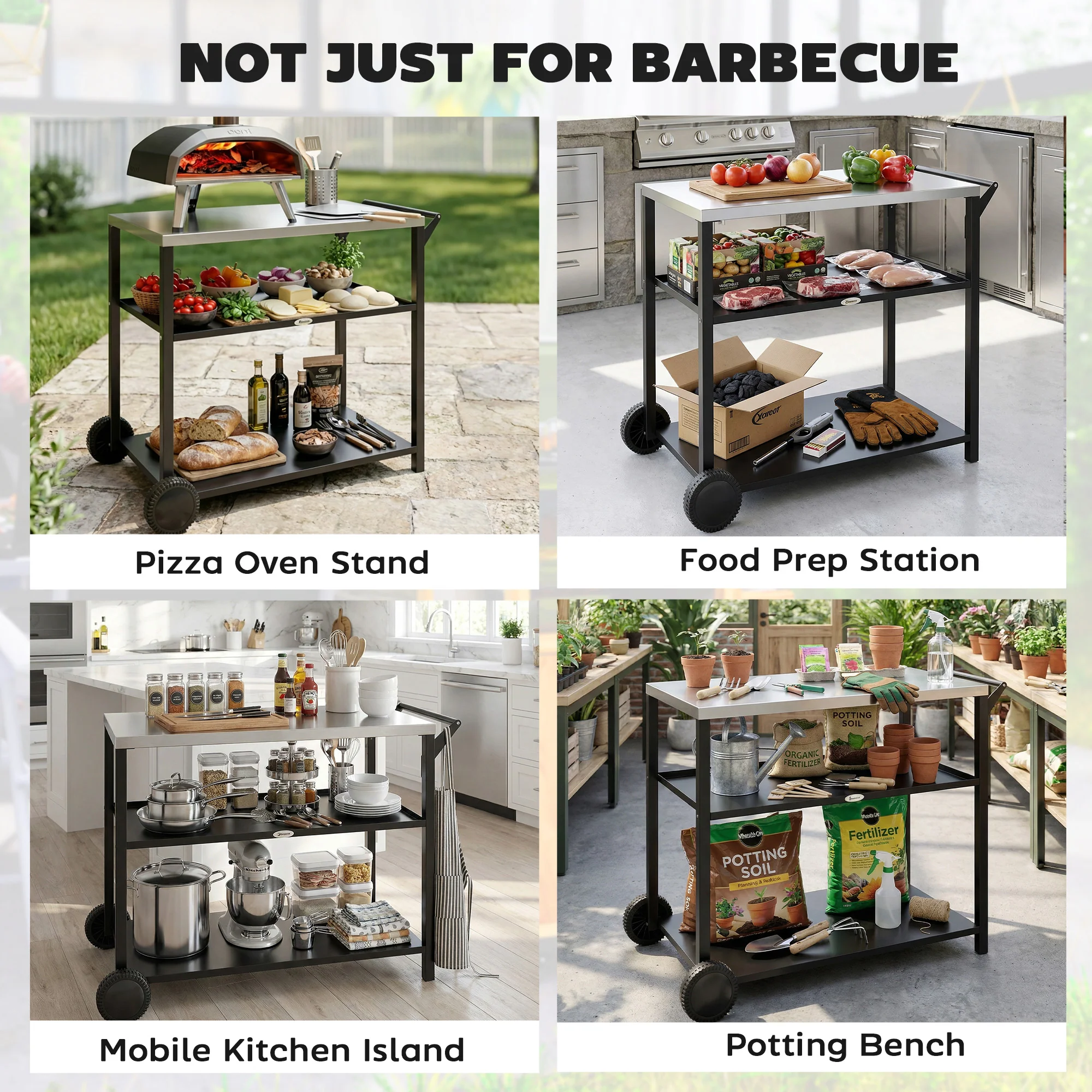 Outsunny Outdoor Grill Cart, Food Prep Table on Wheels, Black - Image 7