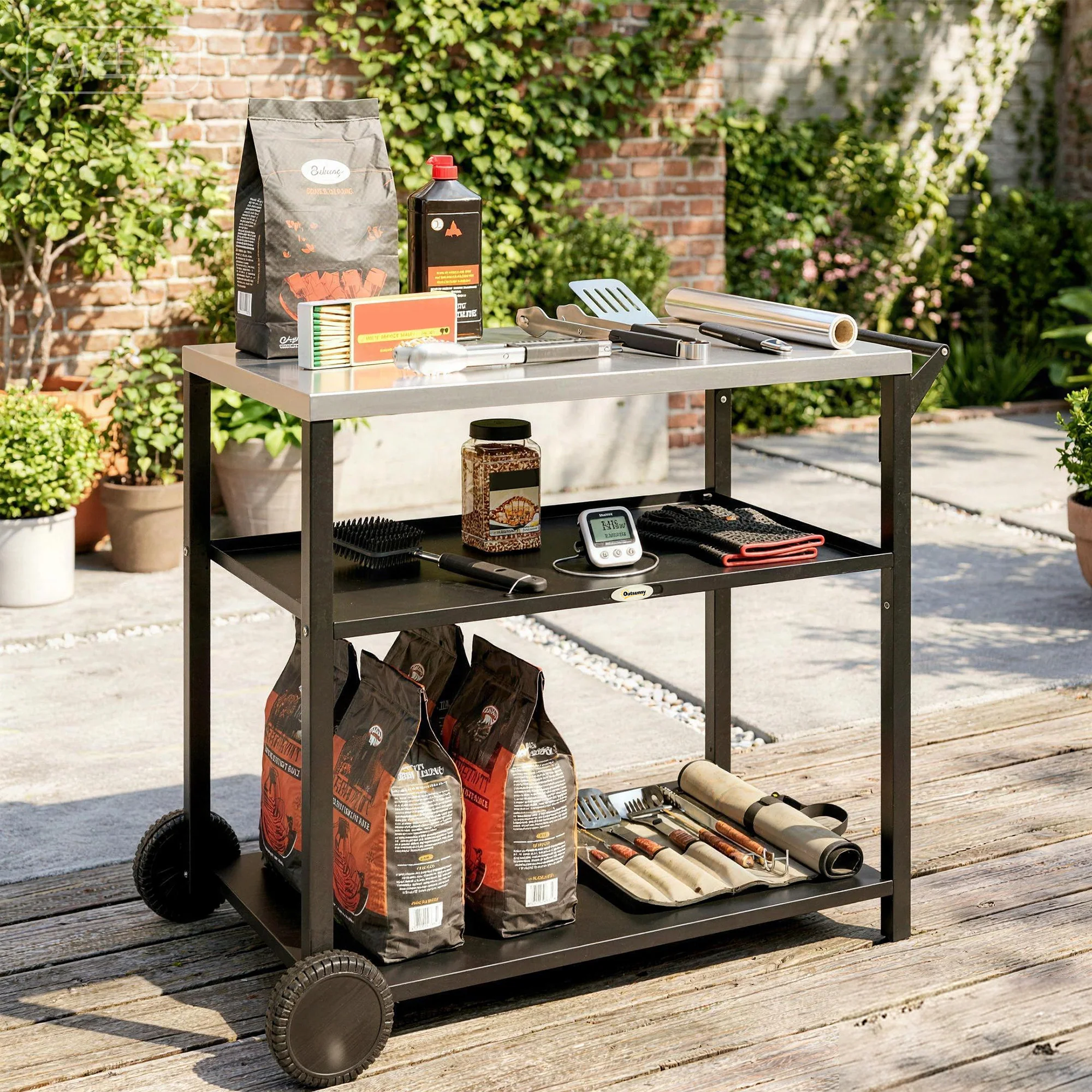 Outsunny Outdoor Grill Cart, Food Prep Table on Wheels, Black - Image 8