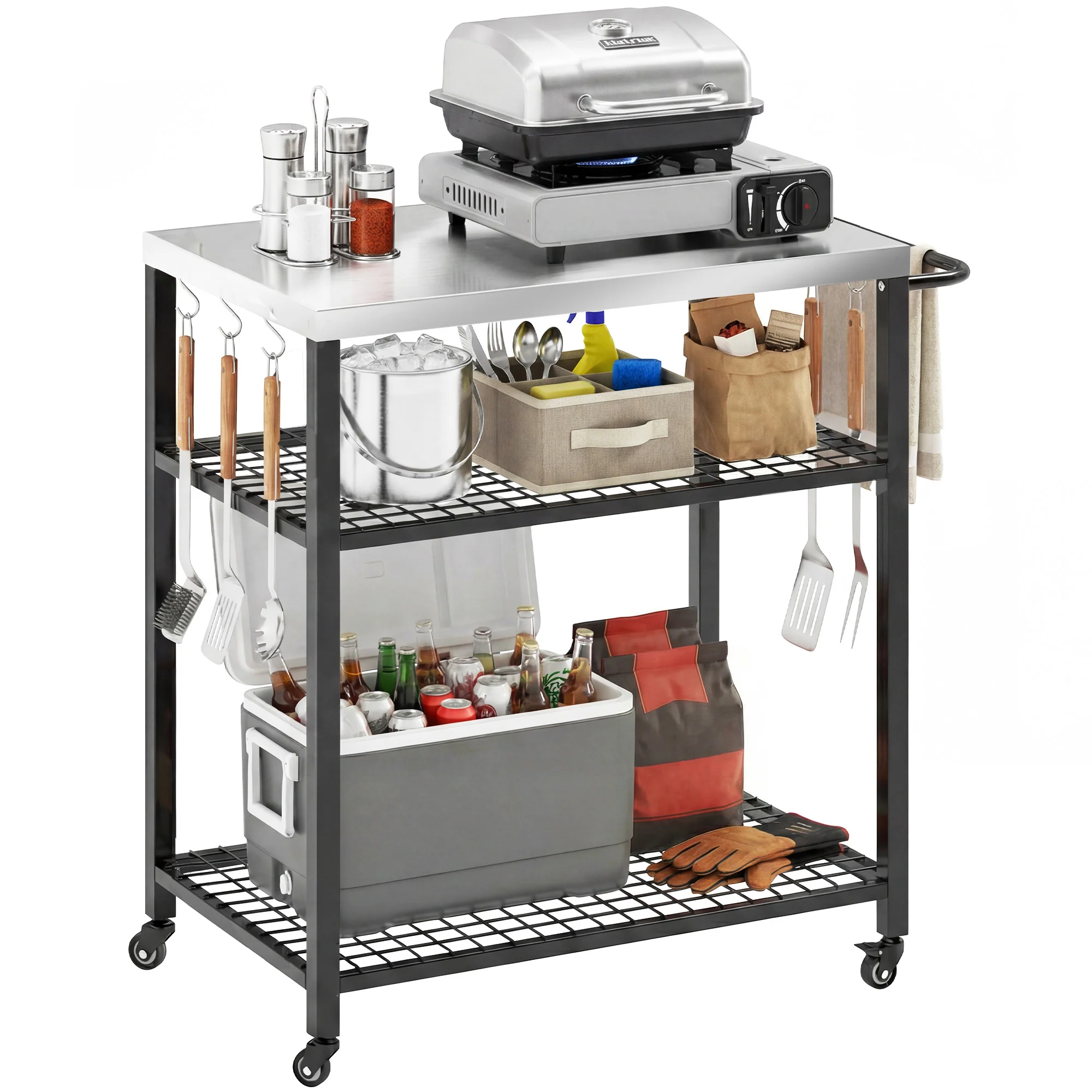 Outsunny Outdoor Grill Cart, Movable Food Prep Table With Wheels, Hooks