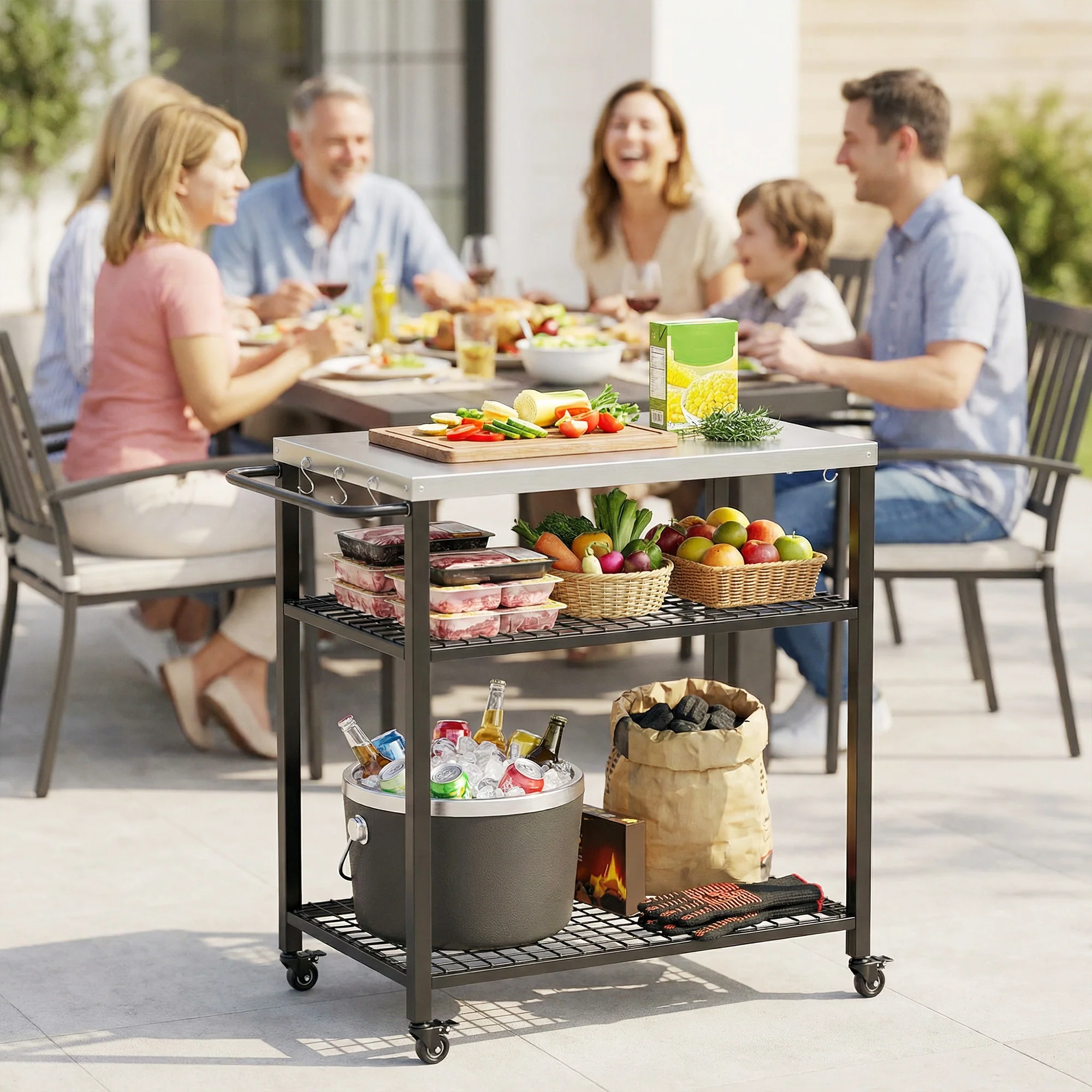 Outsunny Outdoor Grill Cart, Movable Food Prep Table With Wheels, Hooks - Image 2