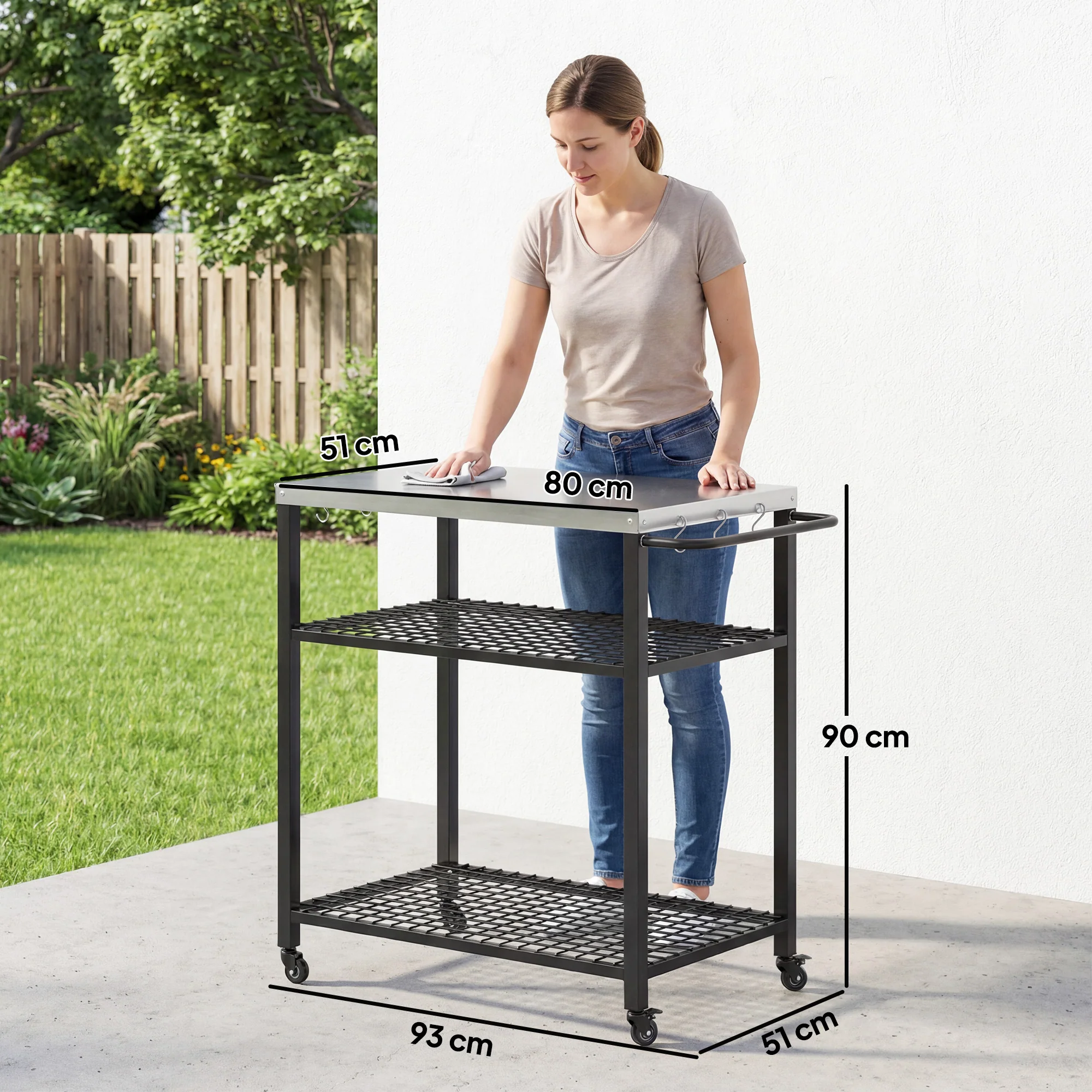 Outsunny Outdoor Grill Cart, Movable Food Prep Table With Wheels, Hooks - Image 3