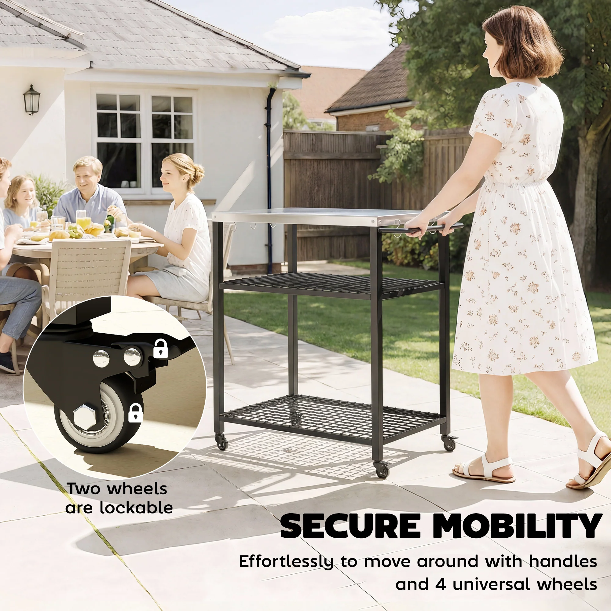 Outsunny Outdoor Grill Cart, Movable Food Prep Table With Wheels, Hooks - Image 6