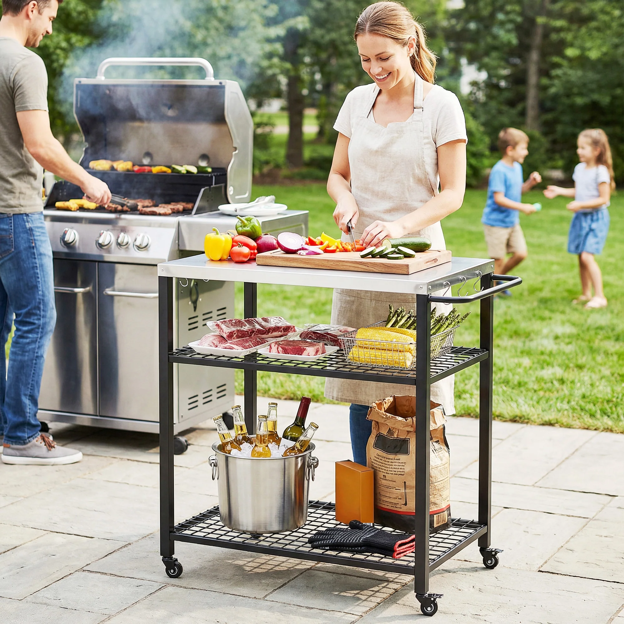 Outsunny Outdoor Grill Cart, Movable Food Prep Table With Wheels, Hooks - Image 8