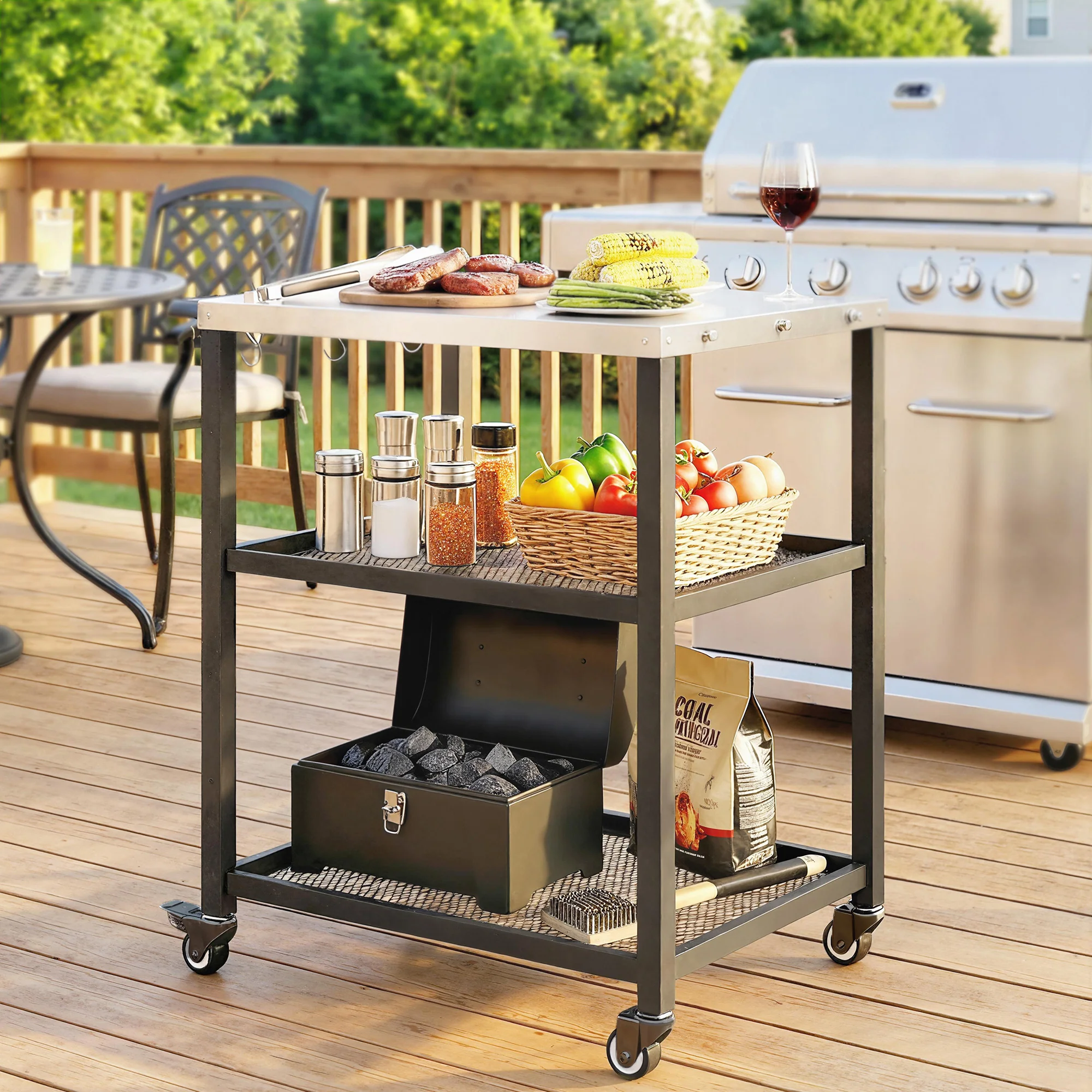 Outsunny Outdoor Grill Cart, Pizza Oven Stand with Adjustable Shelf, Hooks - Image 2