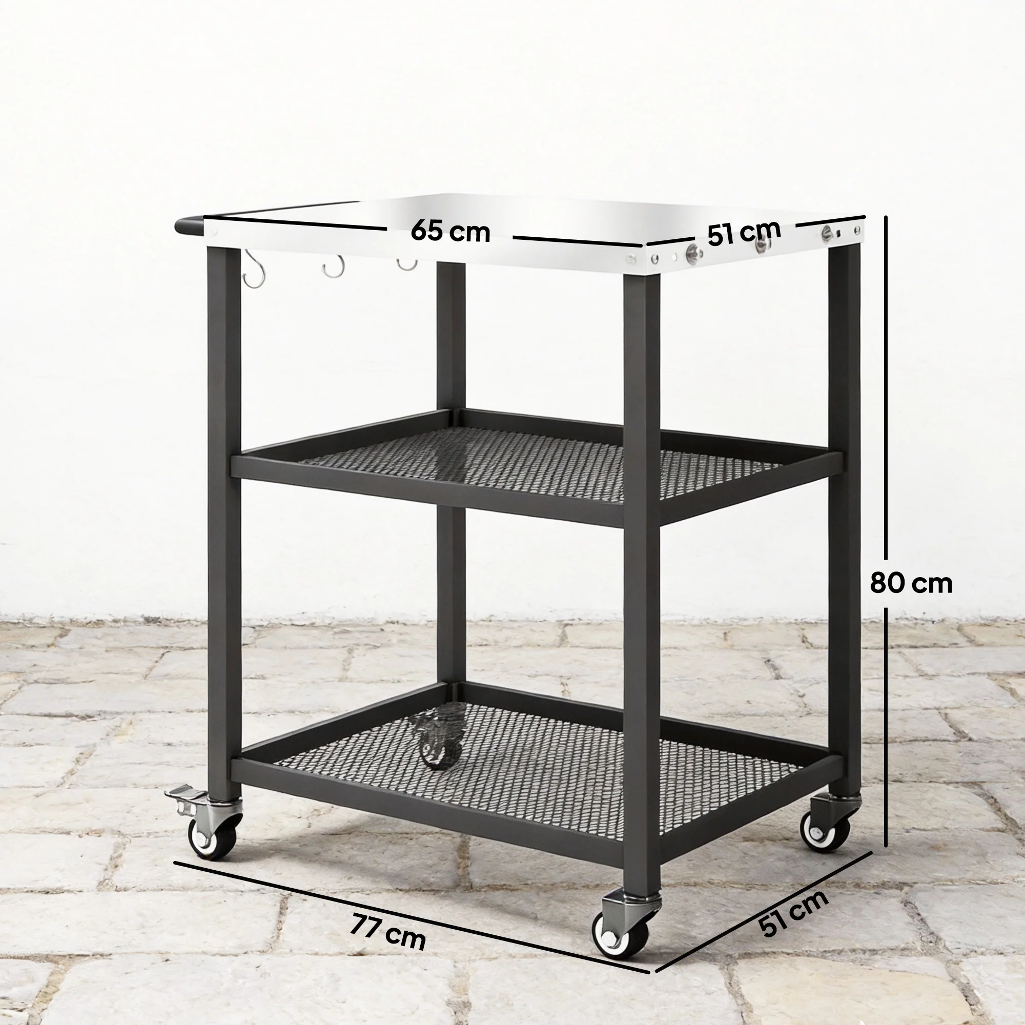 Outsunny Outdoor Grill Cart, Pizza Oven Stand with Adjustable Shelf, Hooks - Image 3