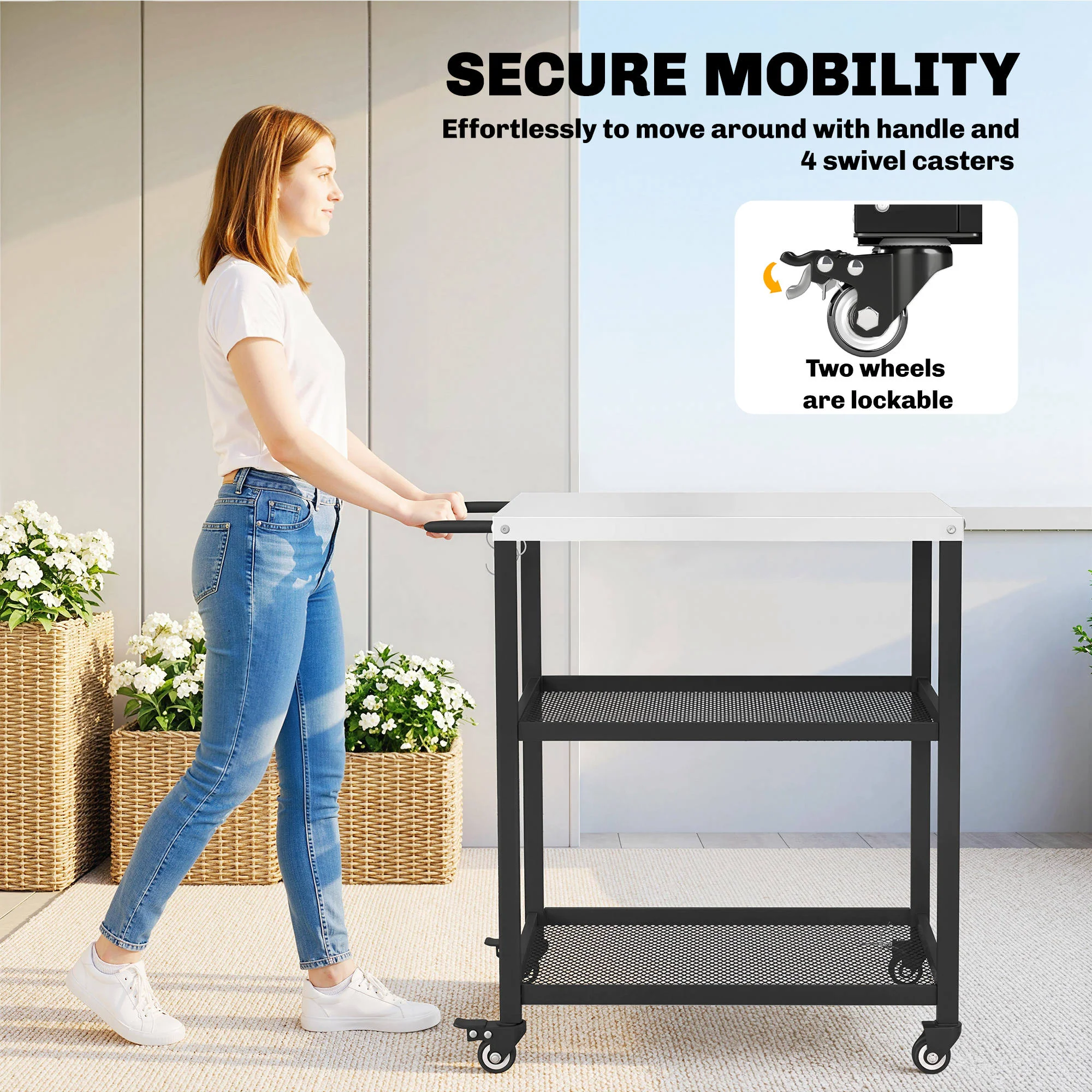 Outsunny Outdoor Grill Cart, Pizza Oven Stand with Adjustable Shelf, Hooks - Image 7